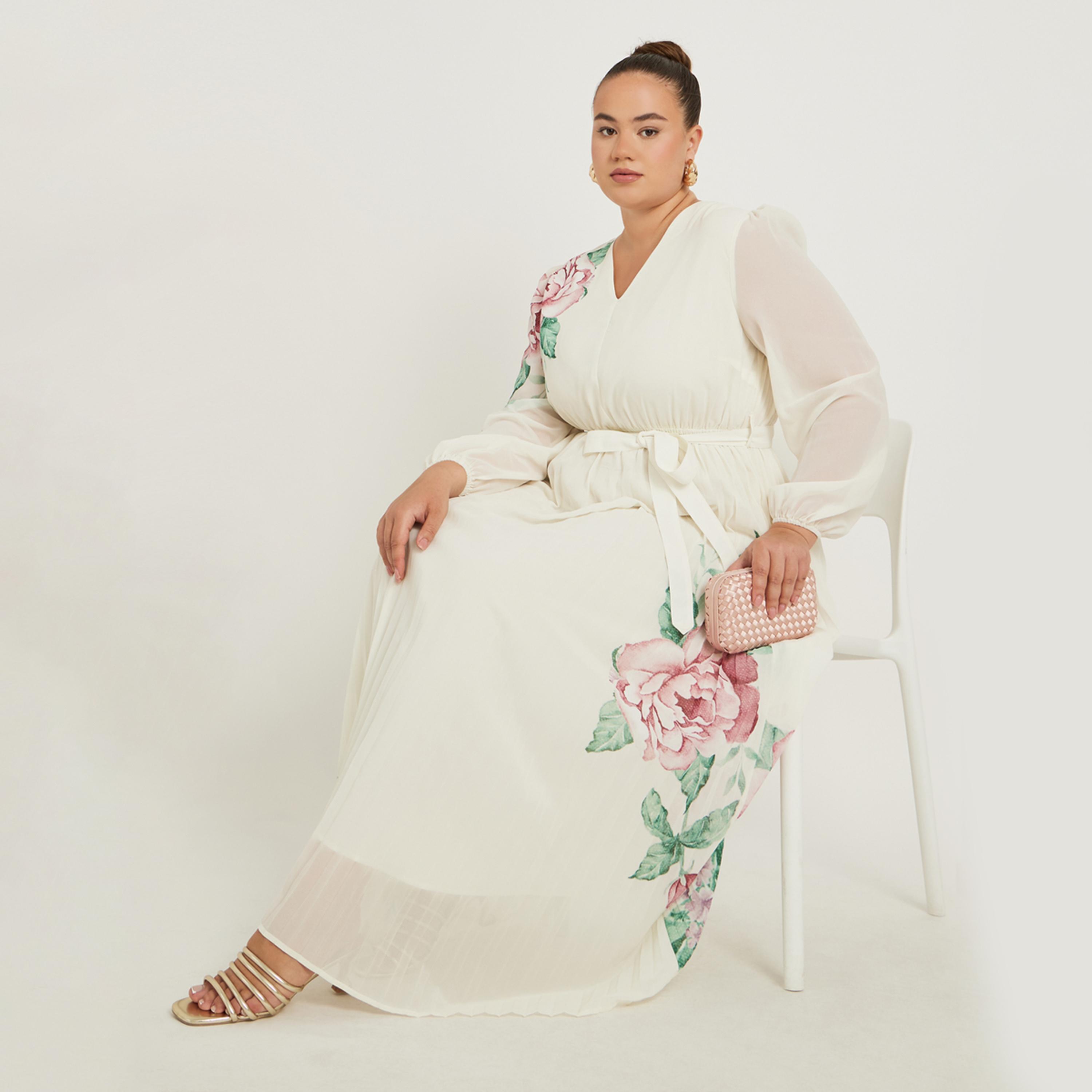 ستايلي - فستان ماكسي بنقشة زهور بمقاسات كبيرة وقصة A-women-clothing-dresses-image-1