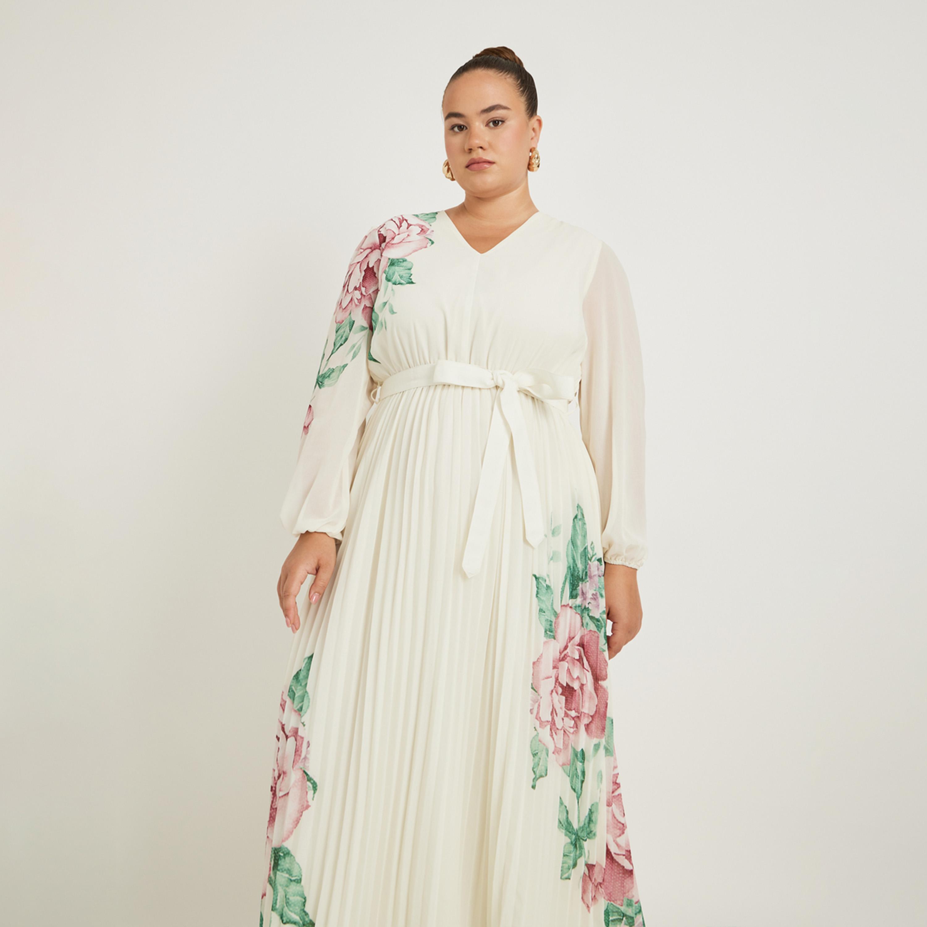 ستايلي - فستان ماكسي بنقشة زهور بمقاسات كبيرة وقصة A-women-clothing-dresses-image-3