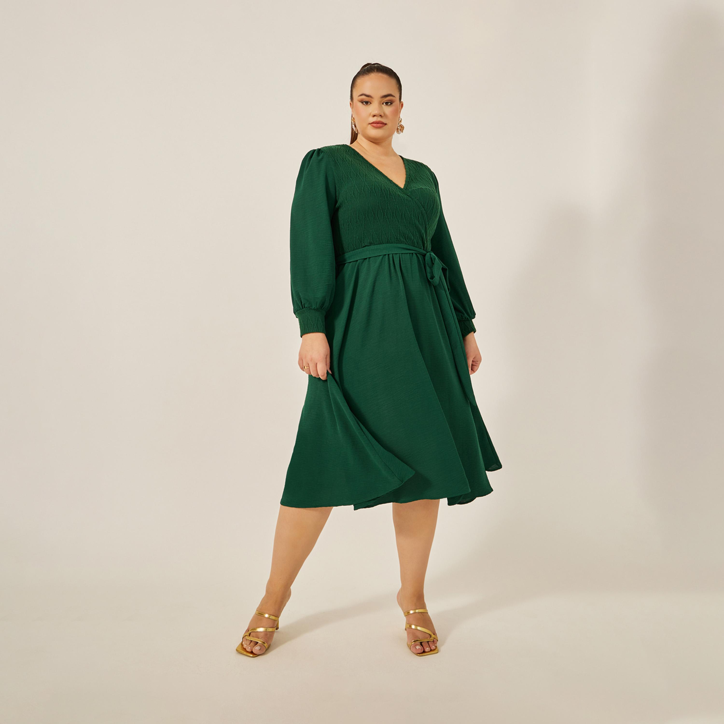 Styli Plus Size Textured Wrap A-Line Midi Dress With Belt-women-clothing-dresses-image-1