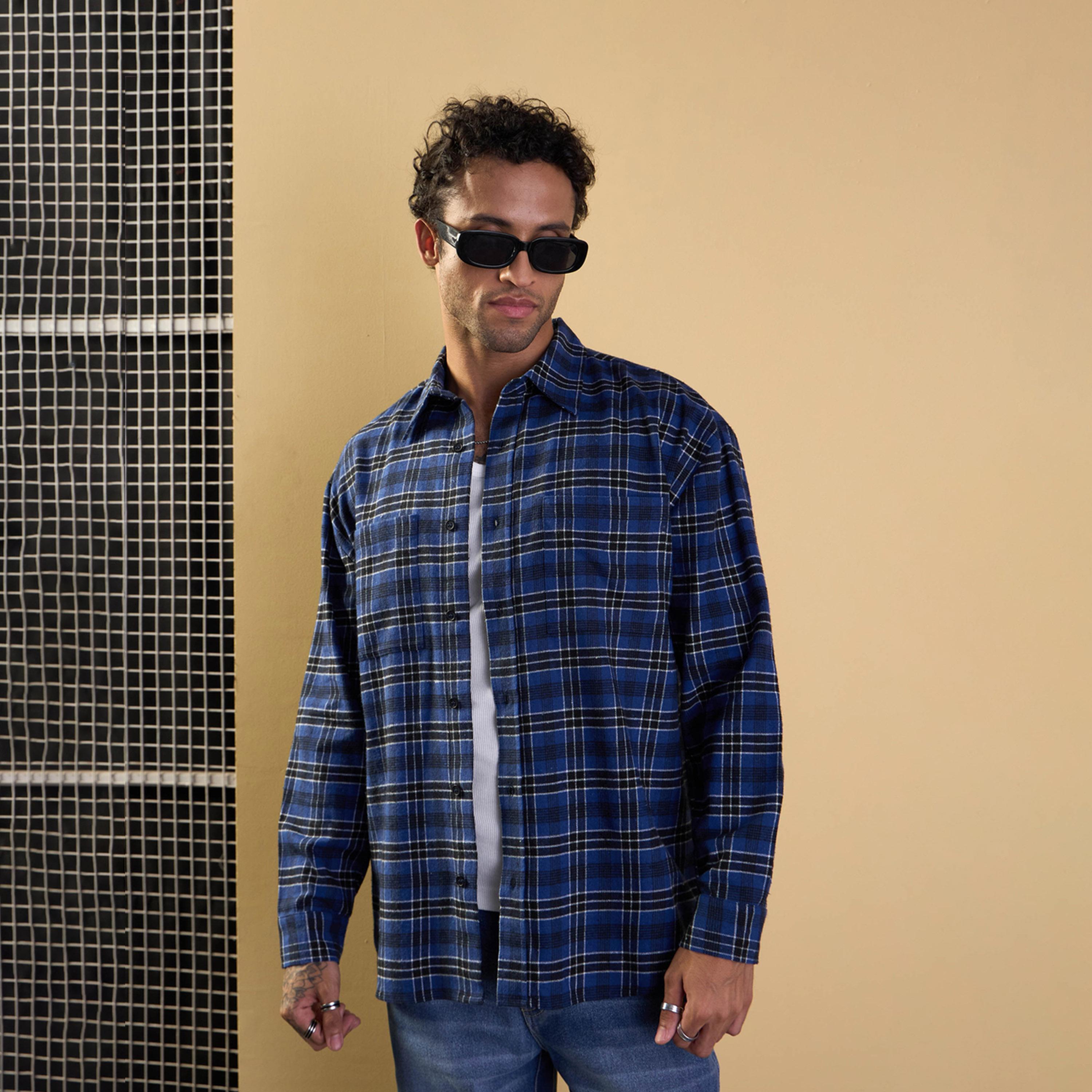 ماسكلن ساسافراس × ستايلي - قميص كبير الحجم بجيوب خارجية - أزرق وأسود-men-clothing-shirts-image-1