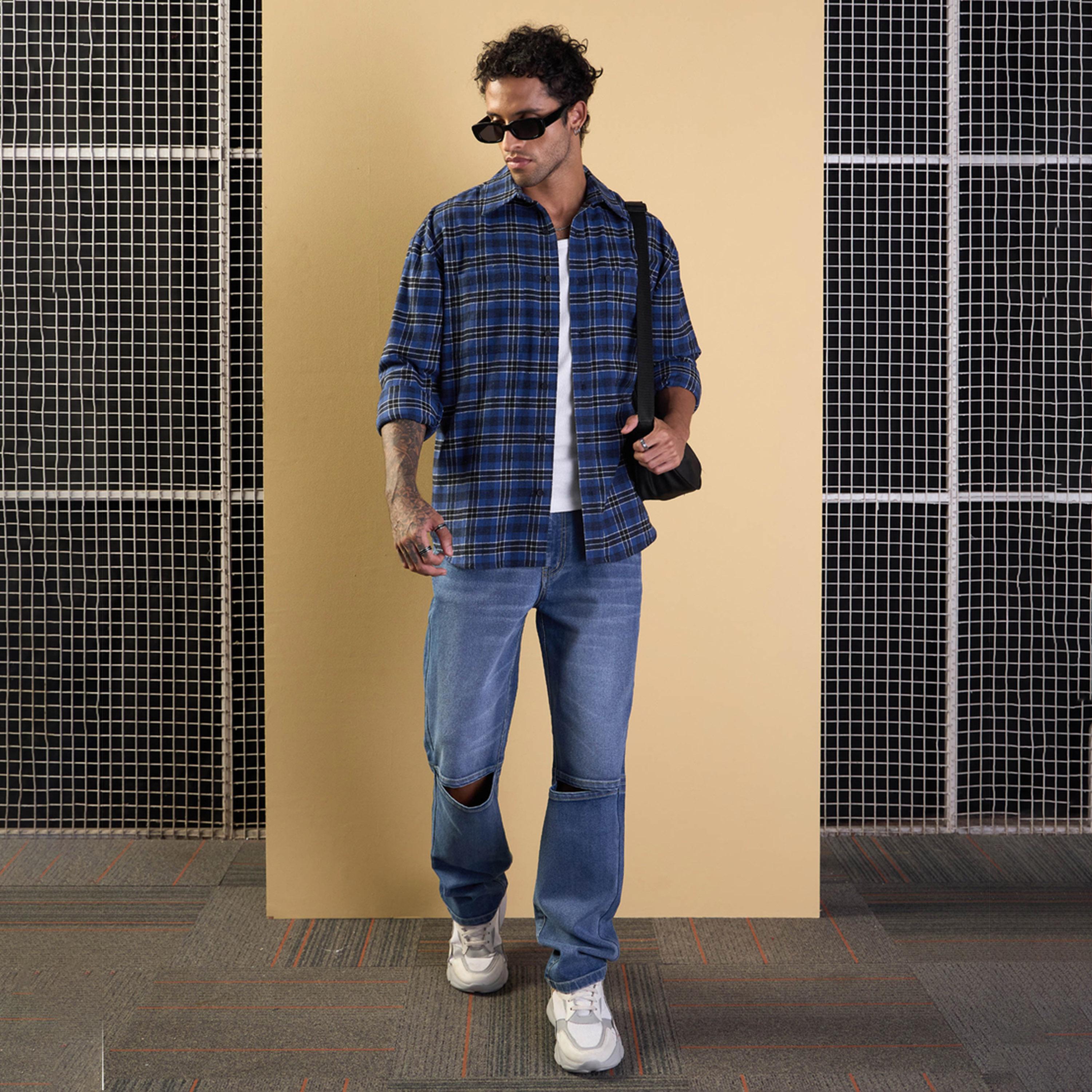 Mascln Sassafras X Styli Blue and Black Check Patch Pocket Oversize Shirt-men-clothing-shirts-image-10