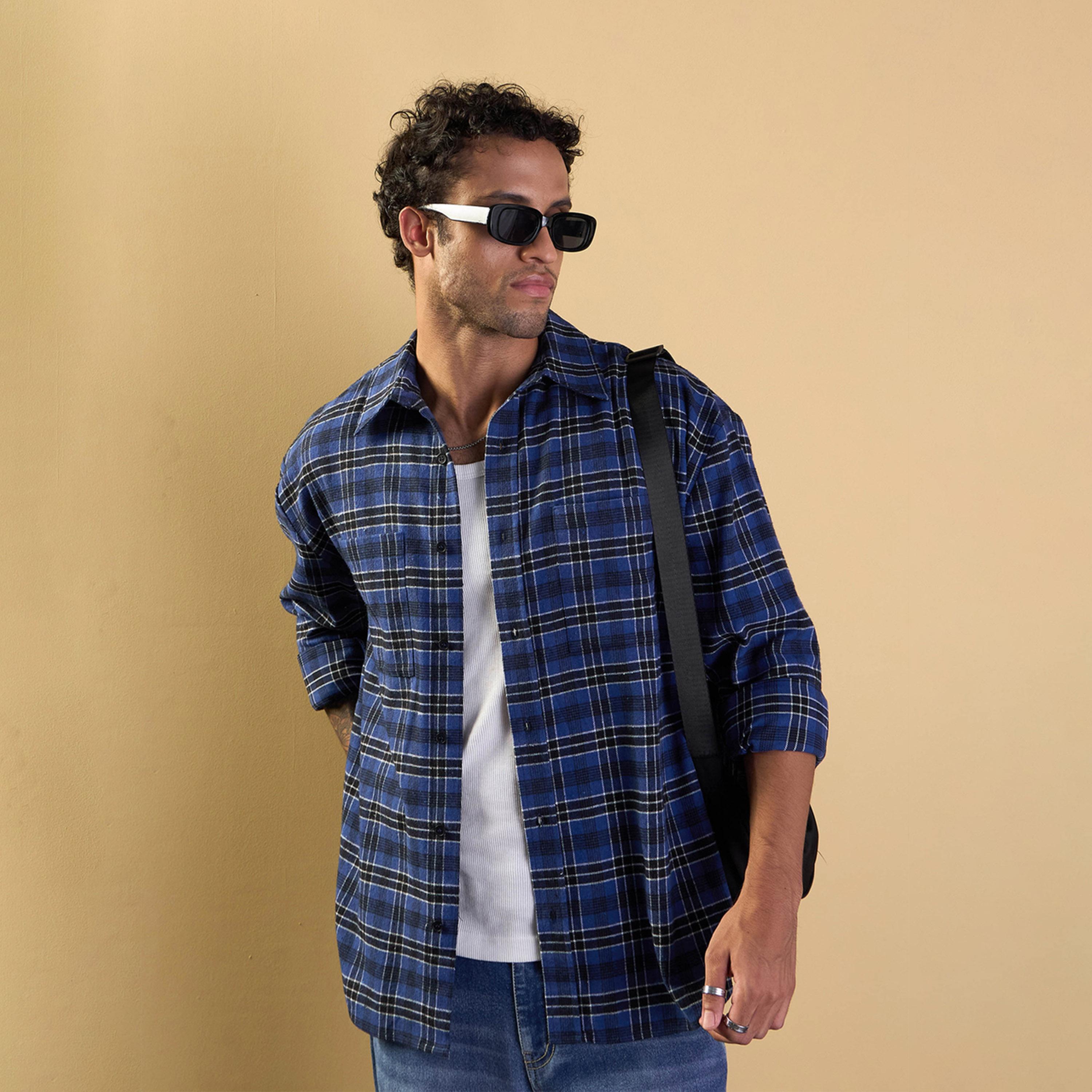 Mascln Sassafras X Styli Blue and Black Check Patch Pocket Oversize Shirt-men-clothing-shirts-image-11