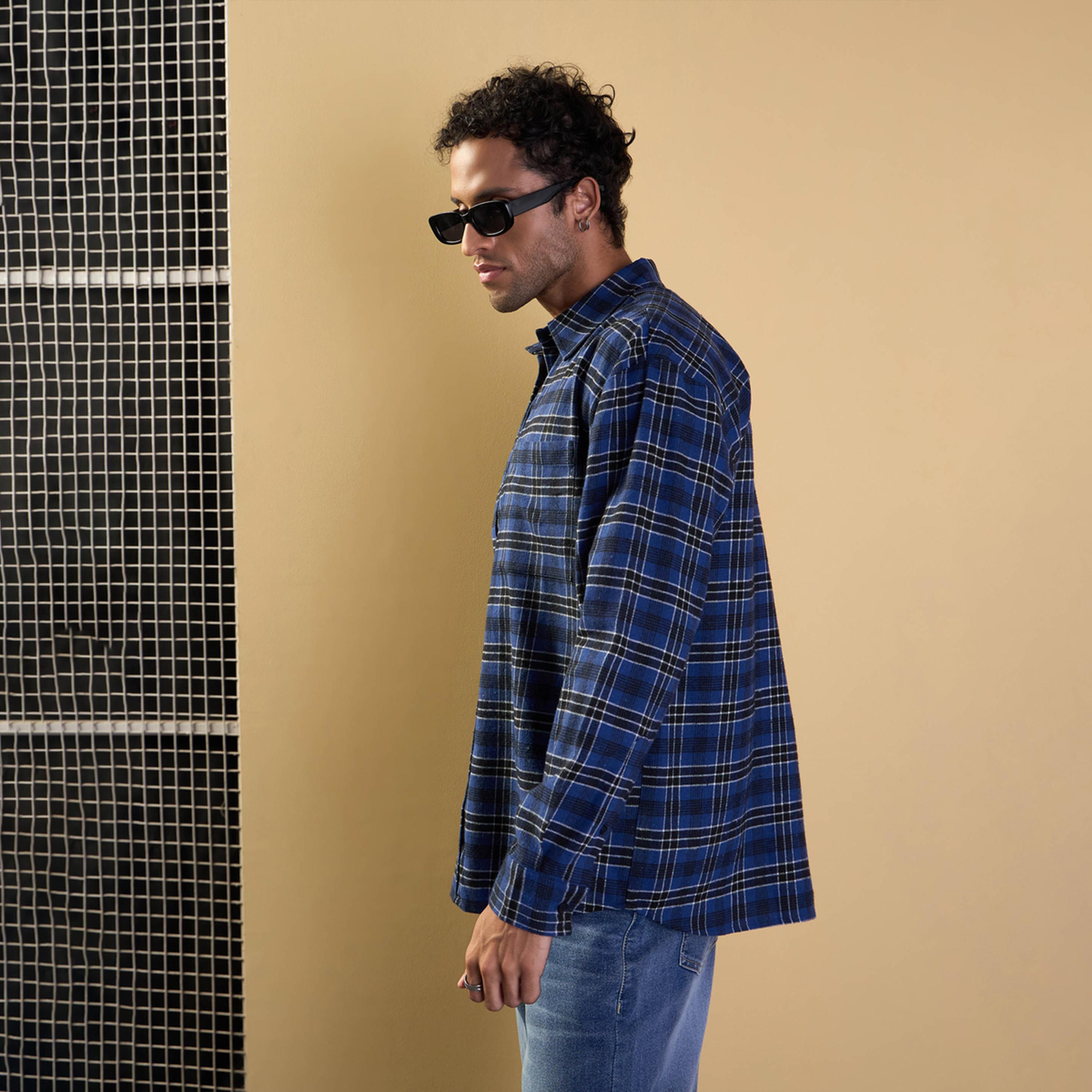 Mascln Sassafras X Styli Blue and Black Check Patch Pocket Oversize Shirt-men-clothing-shirts-image-3