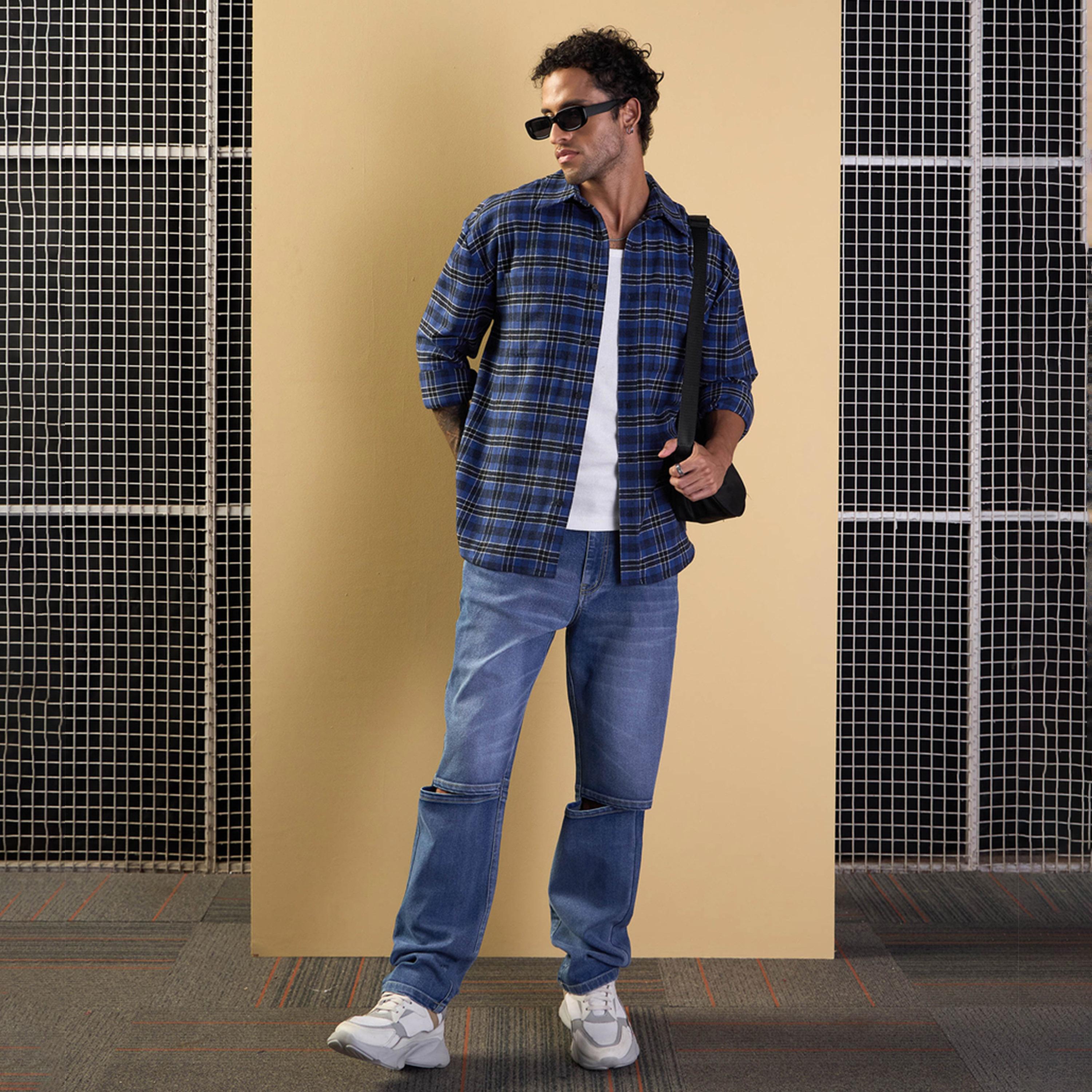 Mascln Sassafras X Styli Blue and Black Check Patch Pocket Oversize Shirt-men-clothing-shirts-image-6