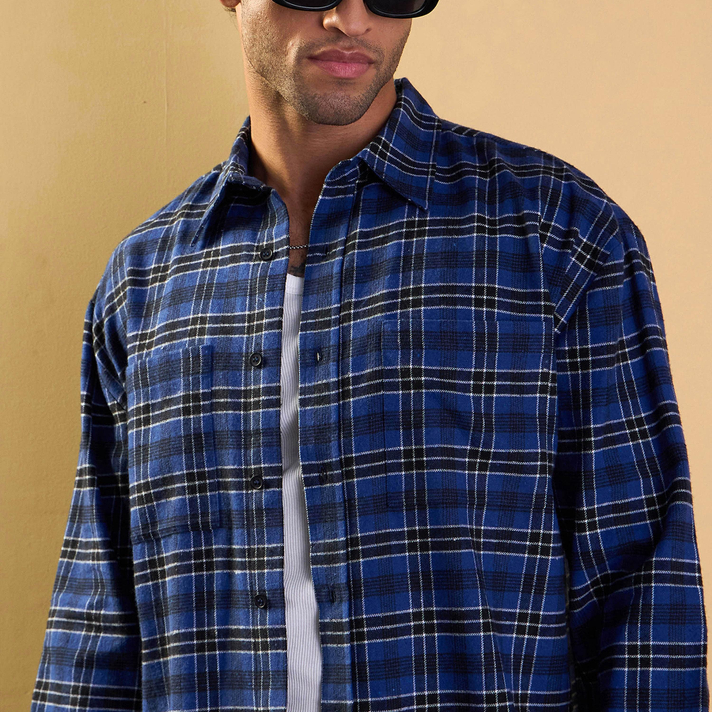 Mascln Sassafras X Styli Blue and Black Check Patch Pocket Oversize Shirt-men-clothing-shirts-image-7