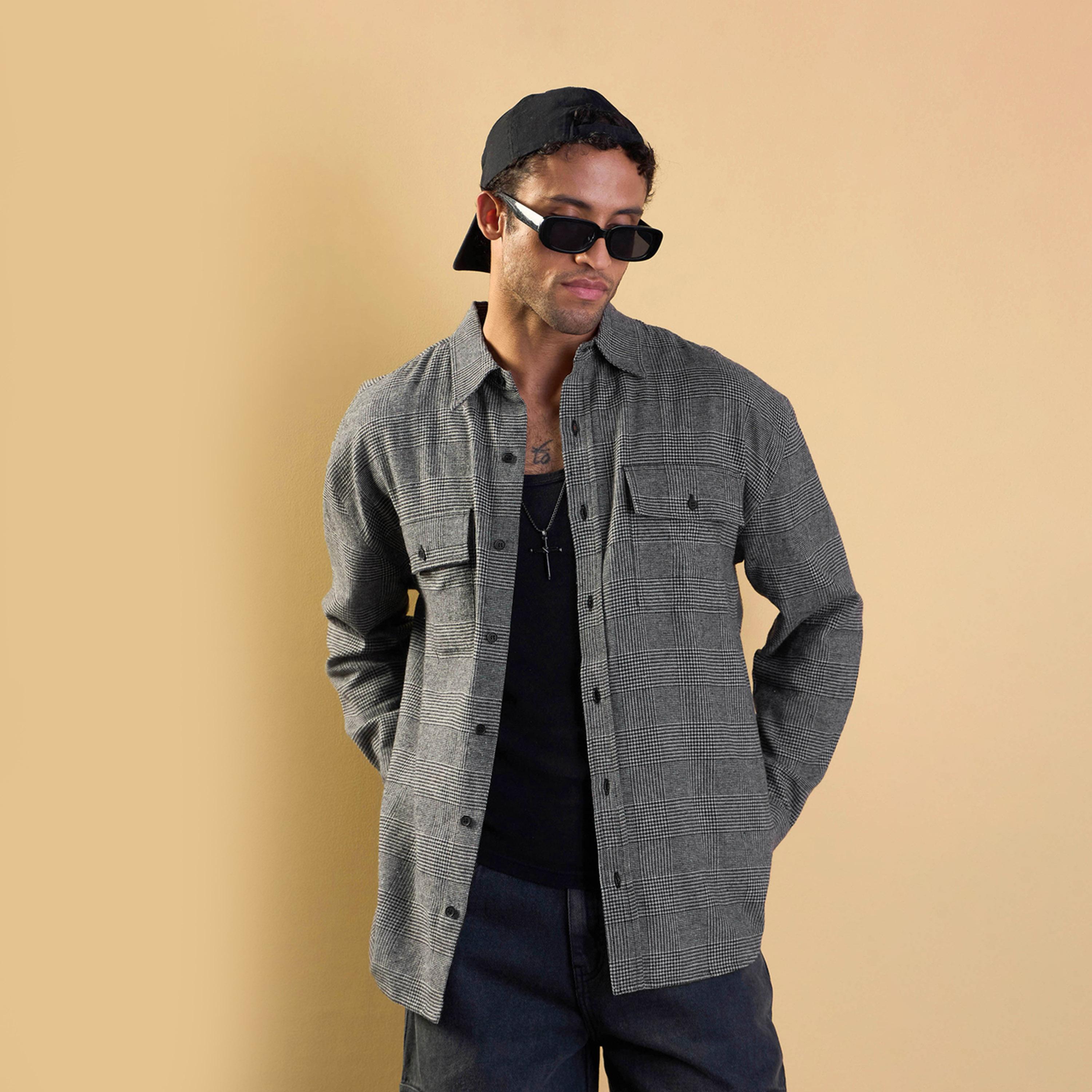 ماسكلن ساسافراس × ستايلي - قميص مربعات كبير الحجم بجيوب ذات طية - رمادي-men-clothing-shirts-image-1