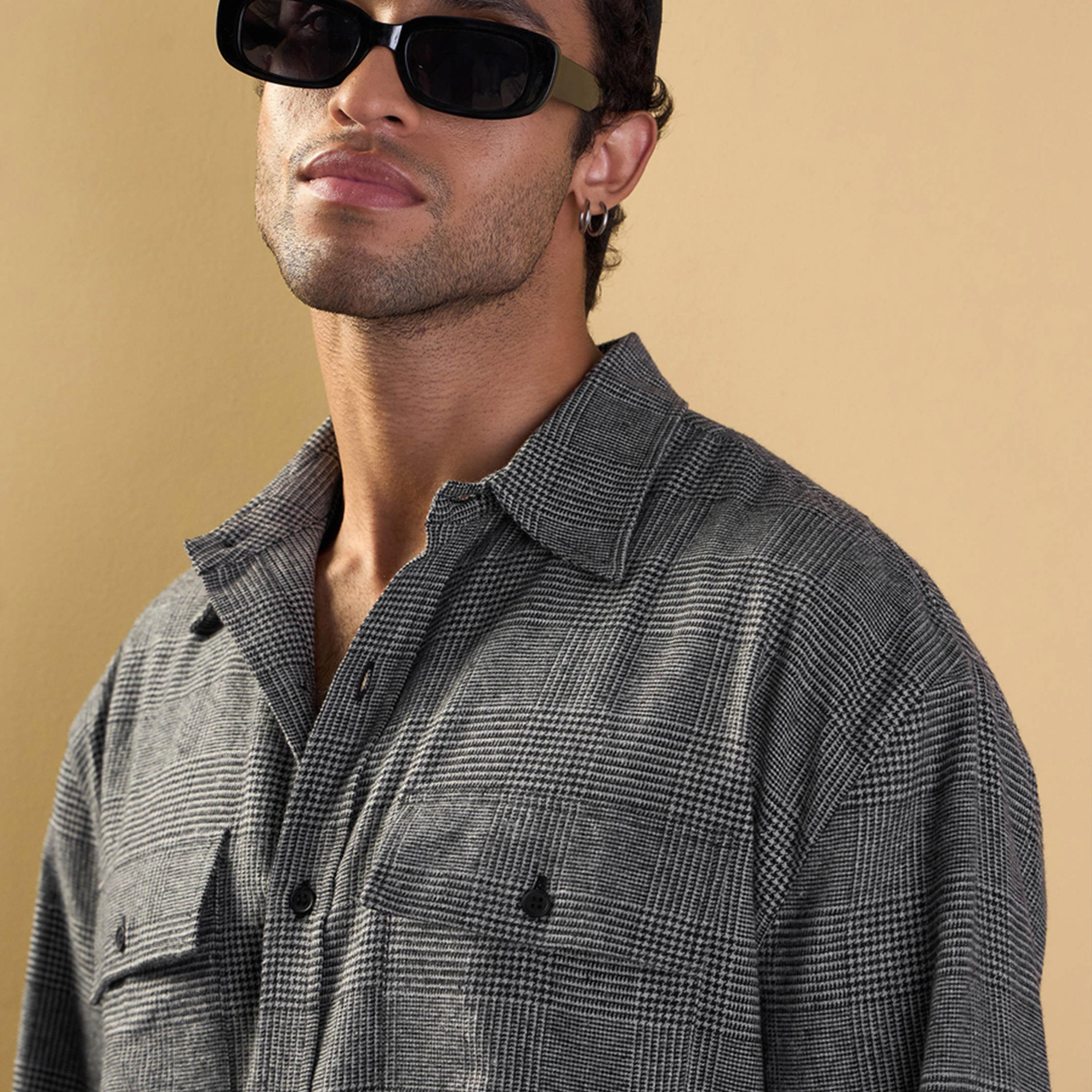 ماسكلن ساسافراس × ستايلي - قميص مربعات كبير الحجم بجيوب ذات طية - رمادي-men-clothing-shirts-image-4