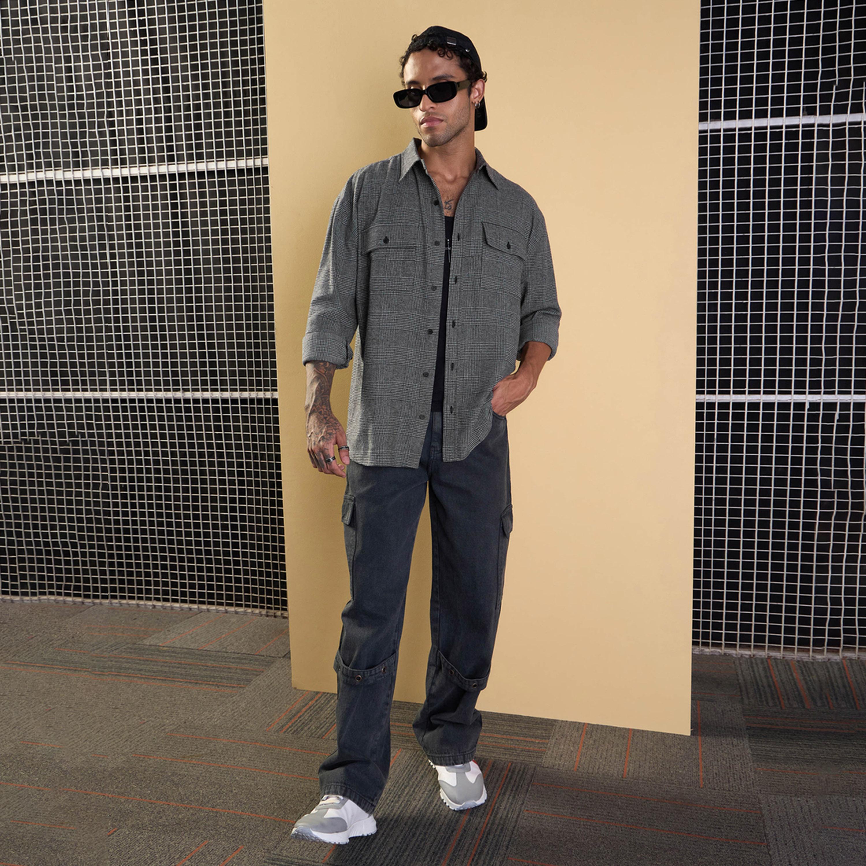ماسكلن ساسافراس × ستايلي - قميص مربعات كبير الحجم بجيوب ذات طية - رمادي-men-clothing-shirts-image-6