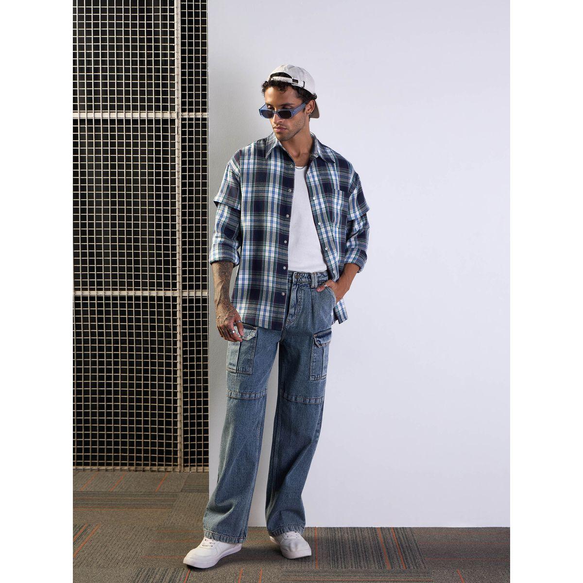 قميص فضفاض بطبعة مربعات مع تفاصيل جيوب ماسكلن ساسافراس × ستايلي-men-clothing-shirts-image-2