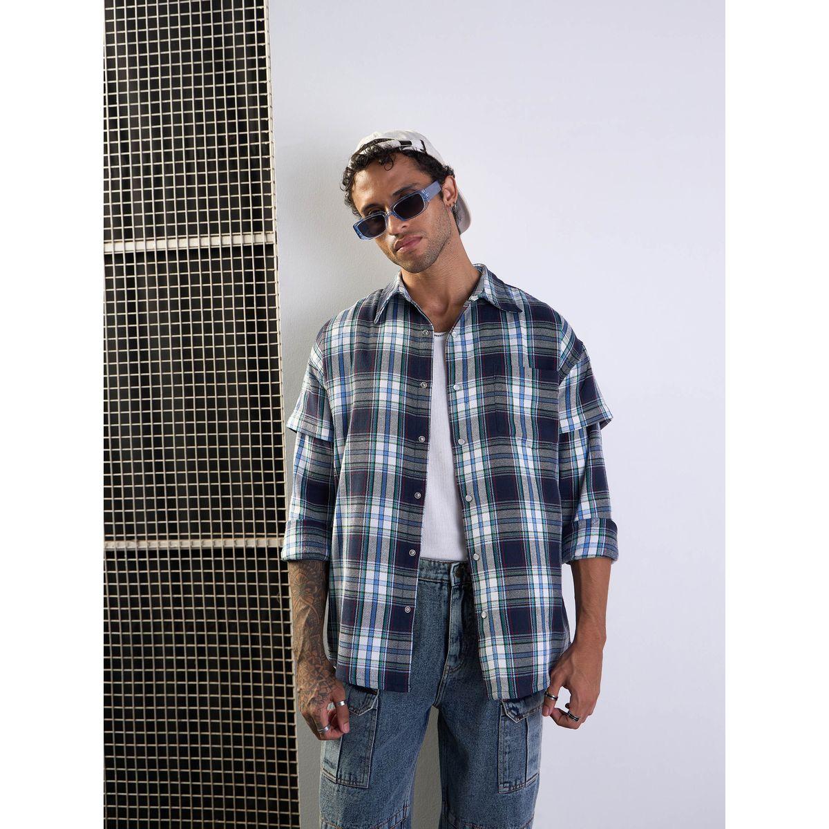 قميص فضفاض بطبعة مربعات مع تفاصيل جيوب ماسكلن ساسافراس × ستايلي-men-clothing-shirts-image-6