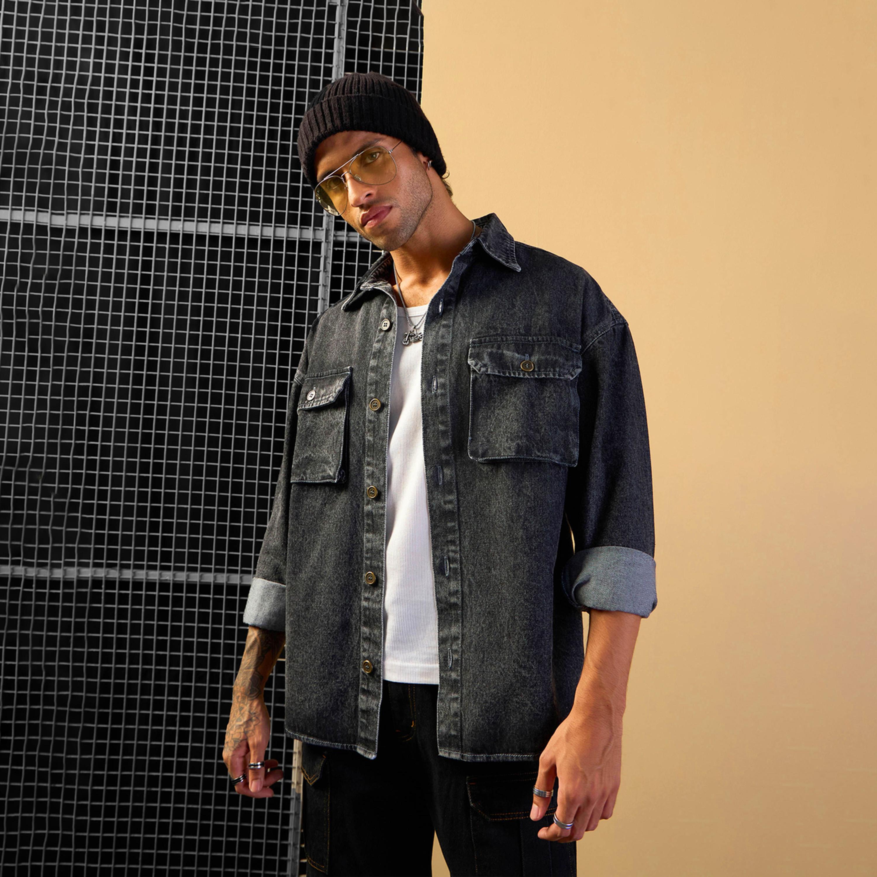Mascln Sassafras X Styli Black Washed Denim Oversize Shacket-men-clothing-shirts-image-1