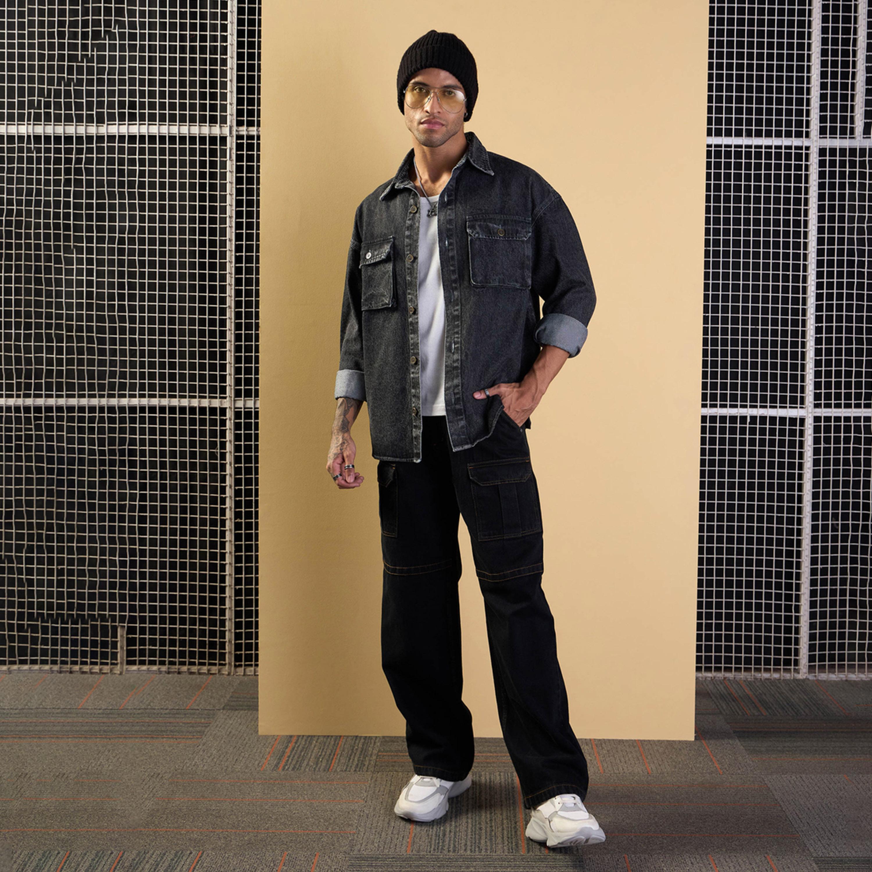 Mascln Sassafras X Styli Black Washed Denim Oversize Shacket-men-clothing-shirts-image-2