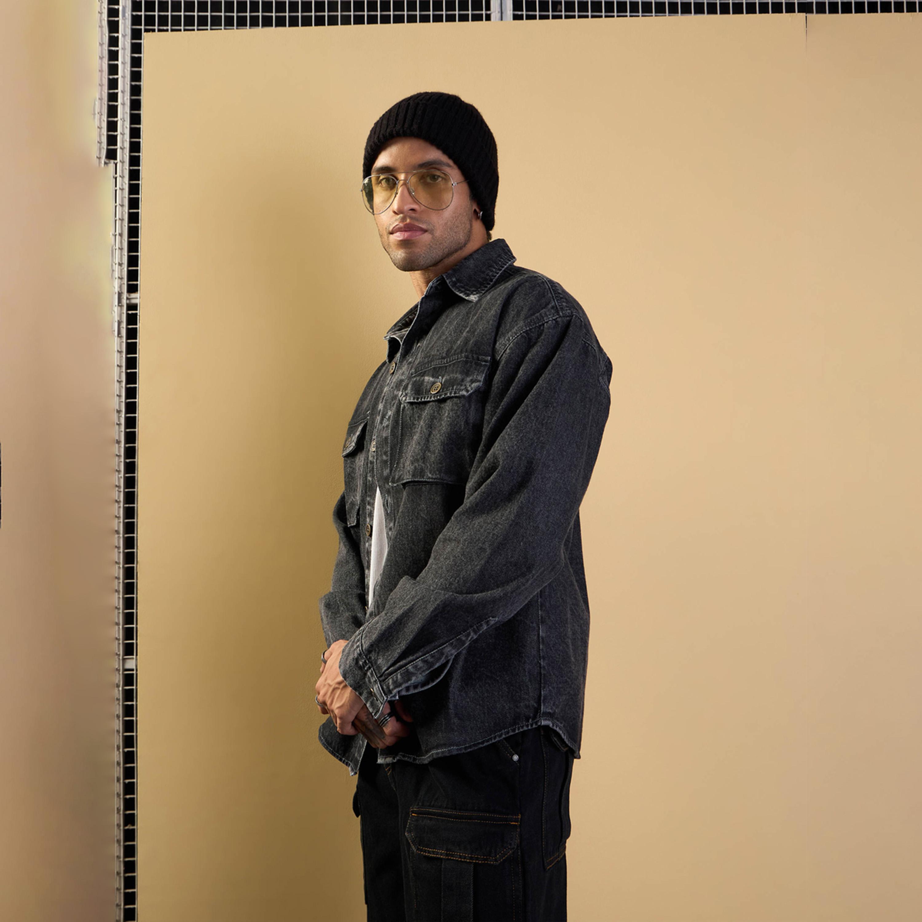 Mascln Sassafras X Styli Black Washed Denim Oversize Shacket-men-clothing-shirts-image-3