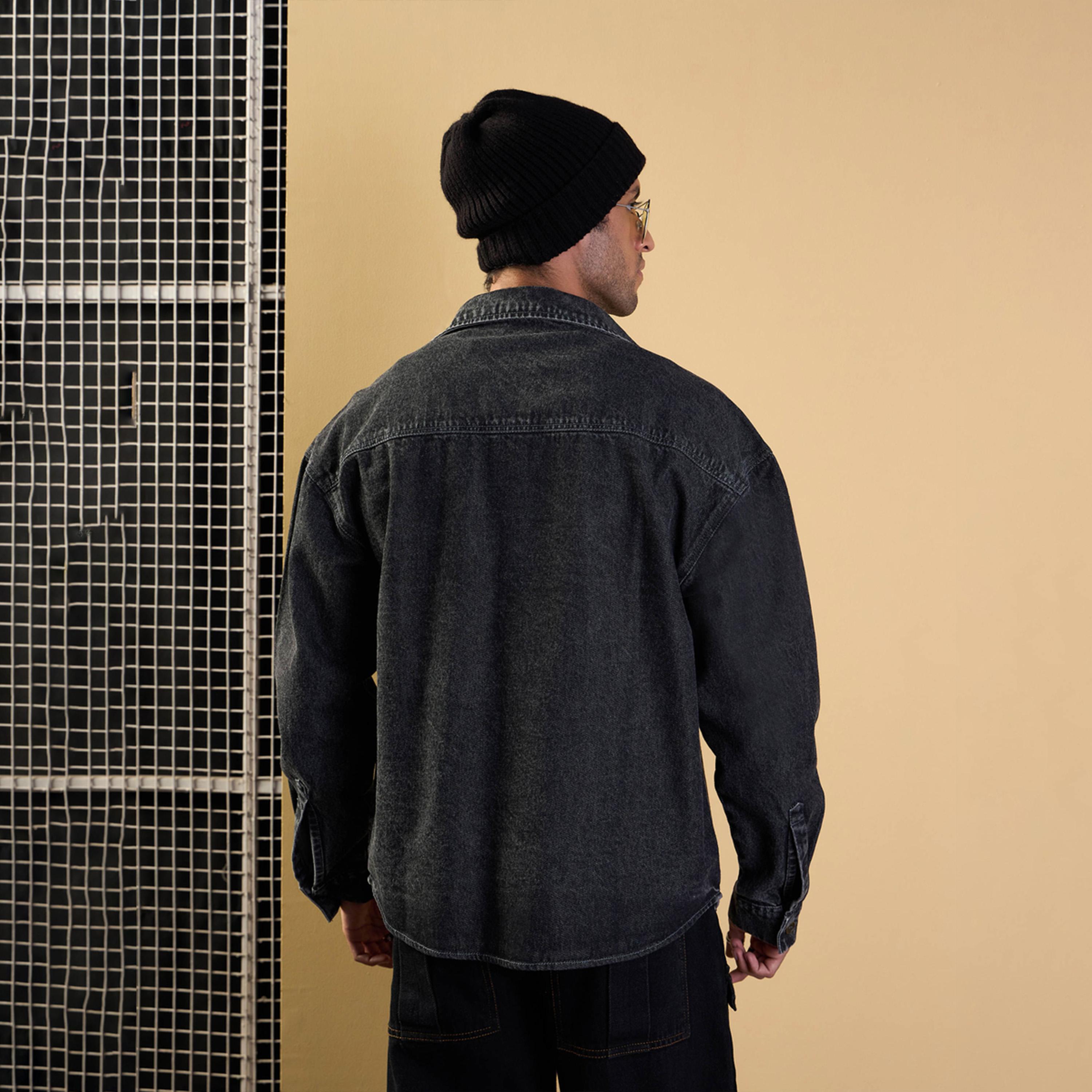 ماسكلن ساسافراس × ستايلي - سترة كبيرة الحجم من قماش الدنيم المغسول - أسود-men-clothing-shirts-image-5