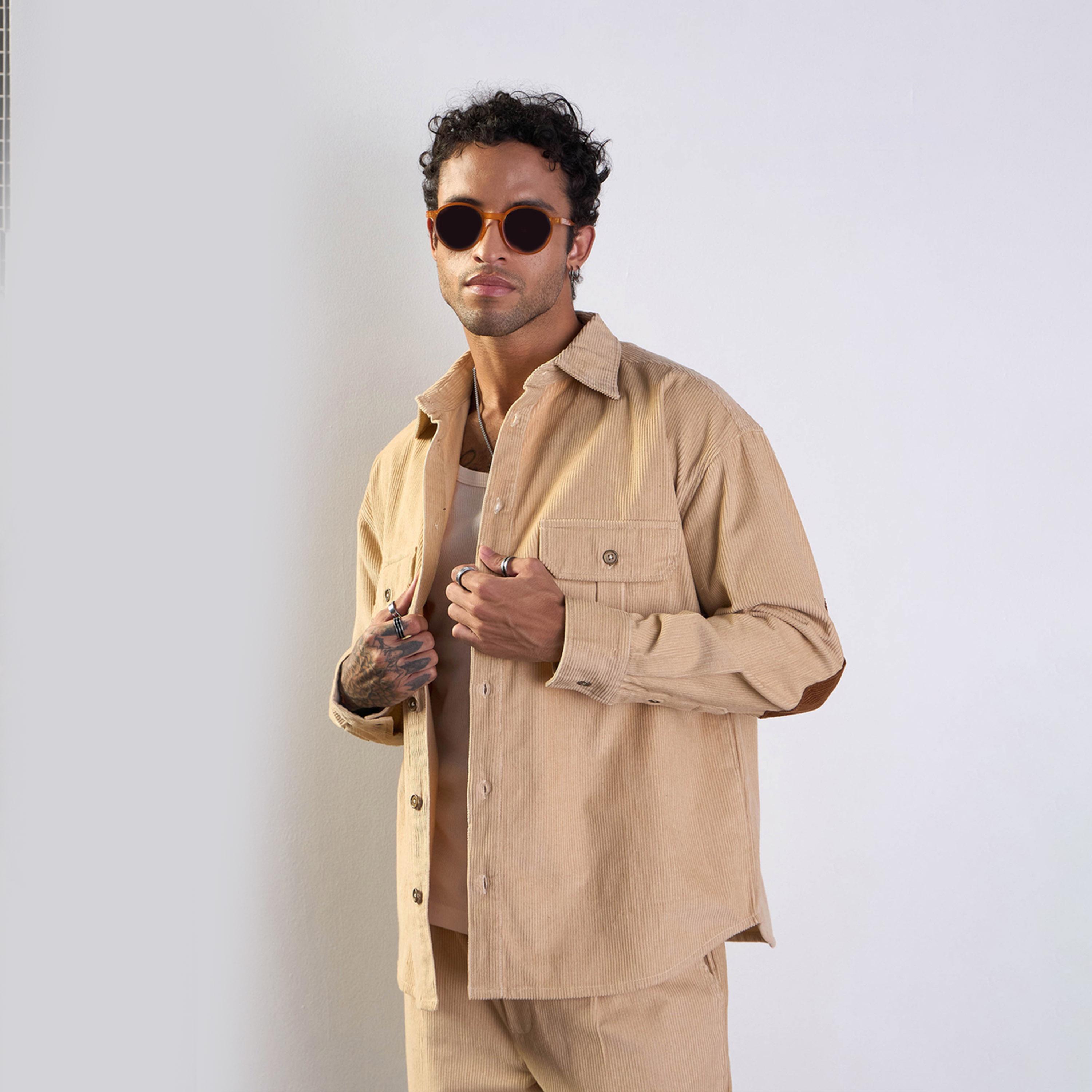 Mascln Sassafras X Styli Beige Corduroy Elbow Patch Oversize Shirt-men-clothing-shirts-image-2