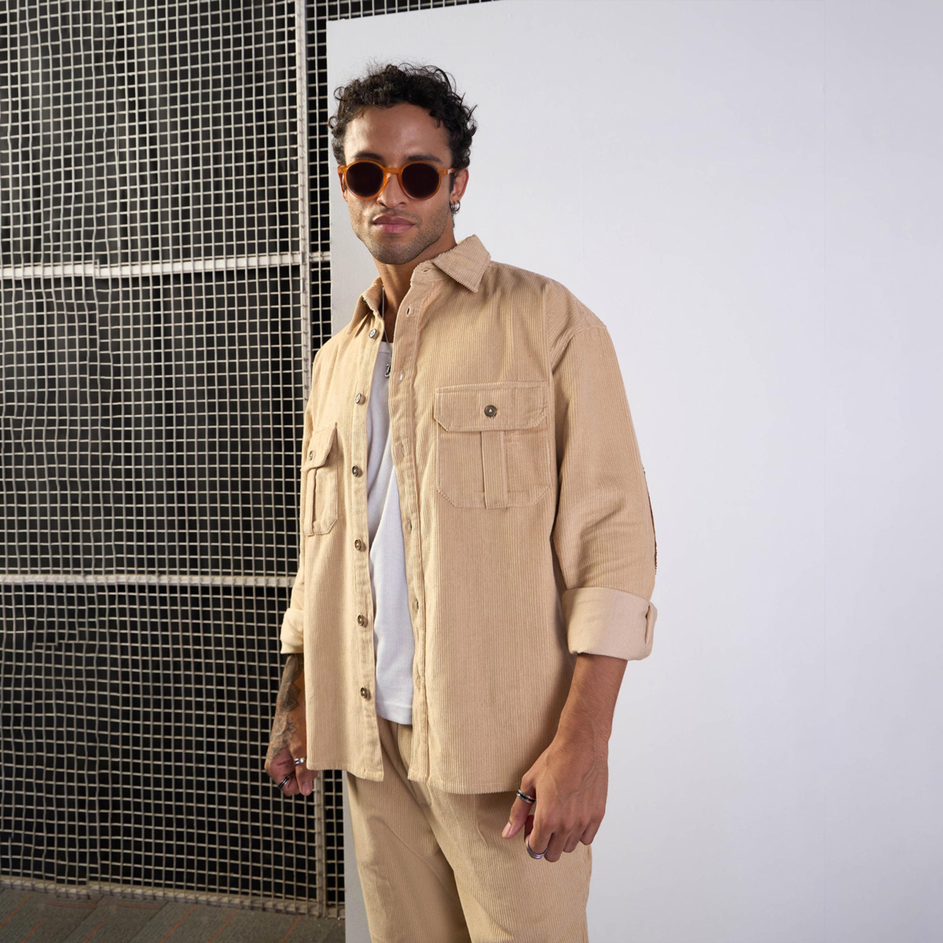 Mascln Sassafras X Styli Beige Corduroy Elbow Patch Oversize Shirt-men-clothing-shirts-image-6
