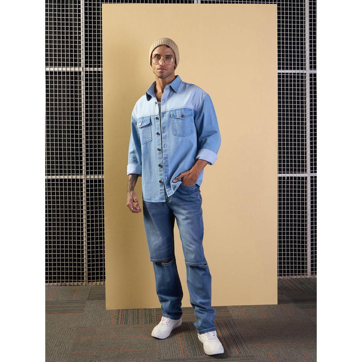 Mascln Sassafras X Styli  Color Block Oversized Denim Shacket with Pocket Detail-men-clothing-shirts-image-2