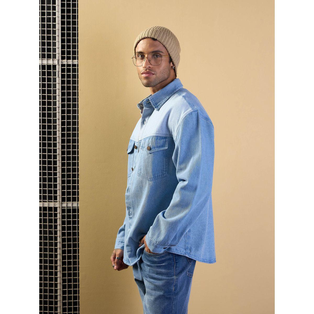 Mascln Sassafras X Styli  Color Block Oversized Denim Shacket with Pocket Detail-men-clothing-shirts-image-3
