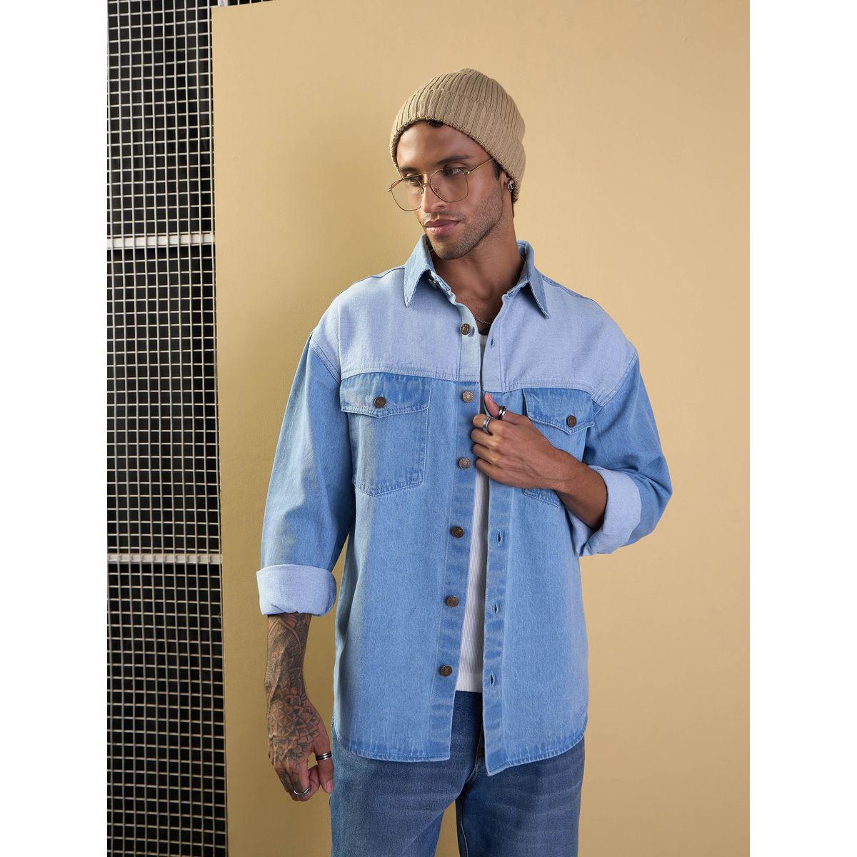 Mascln Sassafras X Styli  Color Block Oversized Denim Shacket with Pocket Detail-men-clothing-shirts-image-6