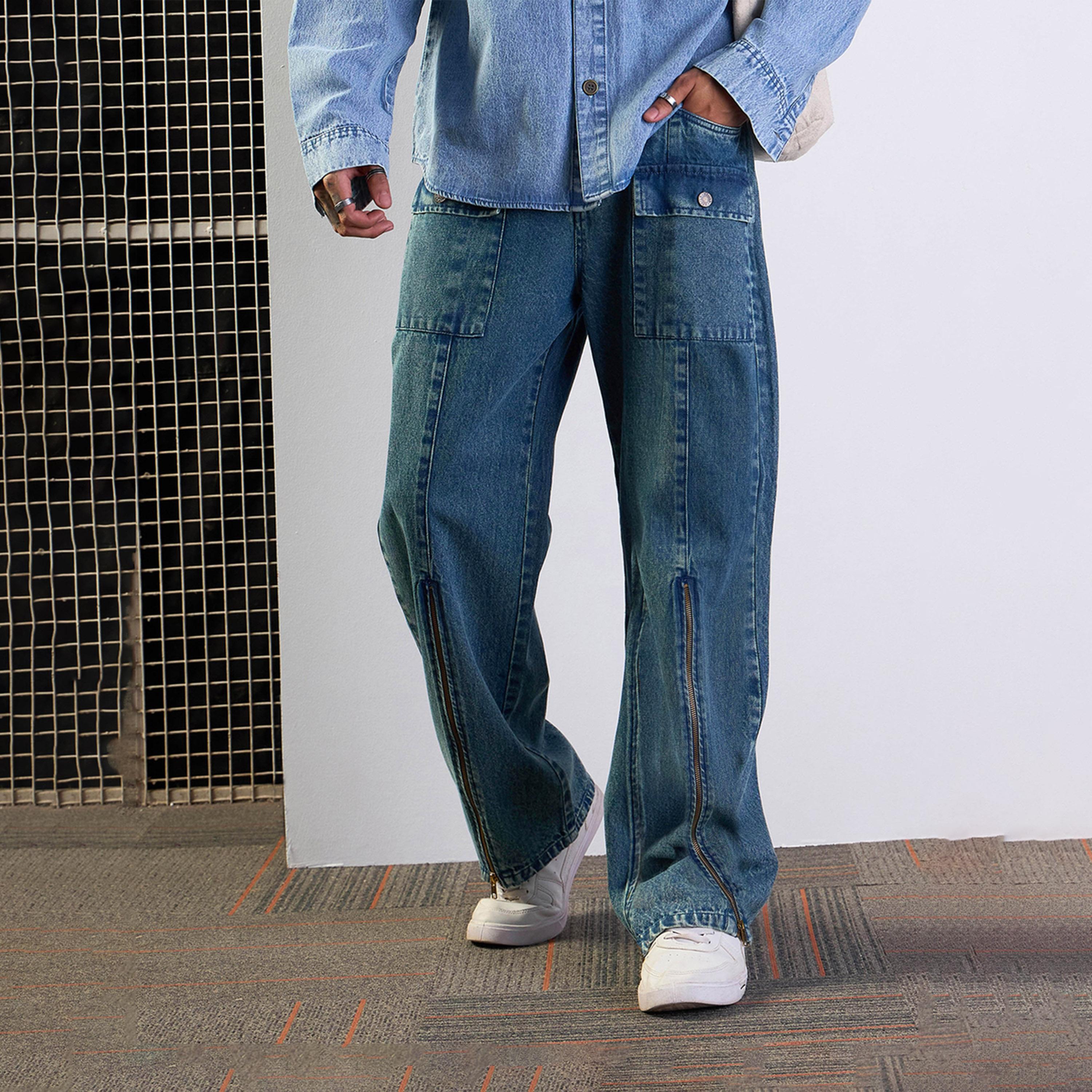 ماسكلن ساسافراس × ستايلي - بنطال جينز واسع بسحّاب أمامي - أزرق-men-clothing-bottoms-jeans-image-1