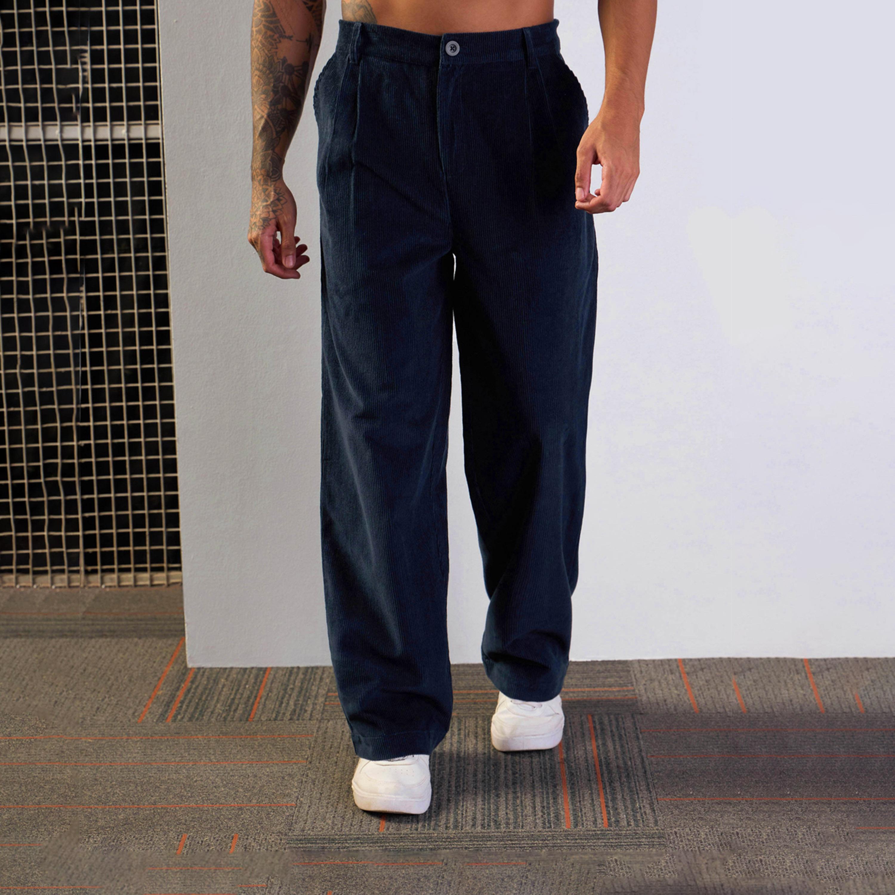 ماسكلن ساسافراس × ستايلي - بنطال كحلي مع أجزاء كوردروي مخملية أمامية-men-clothing-bottoms-trousersandchinos-trousers-image-1