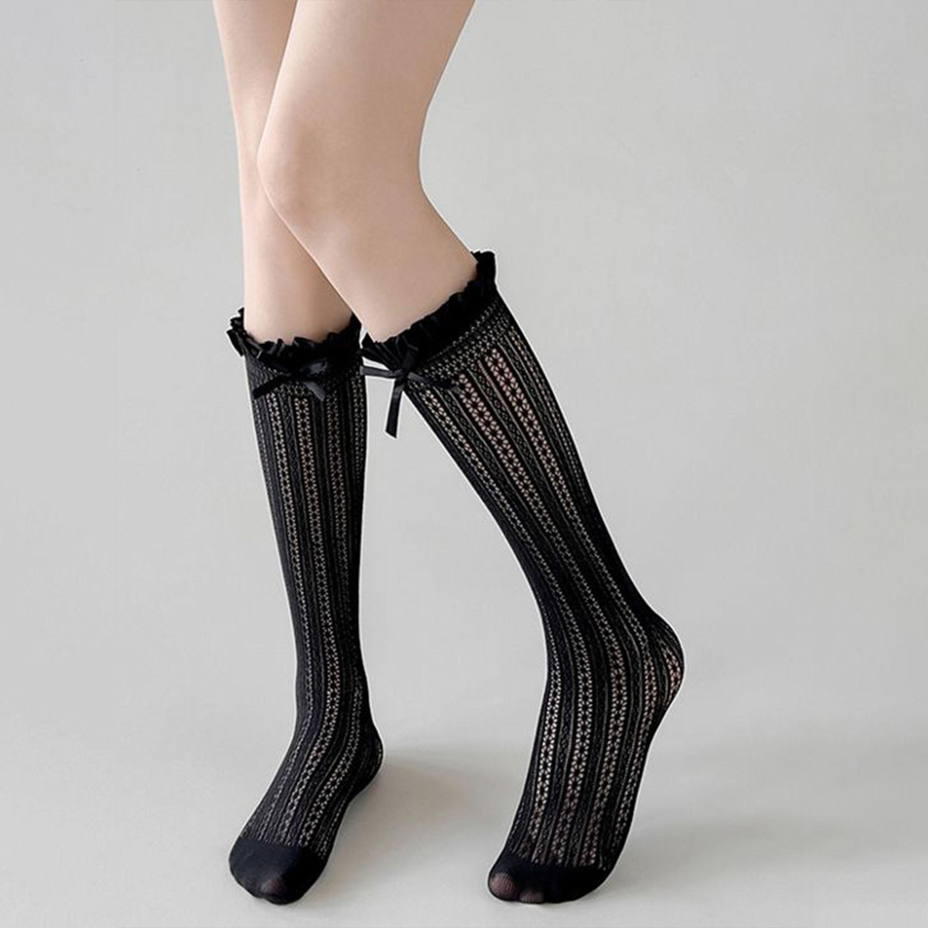 ستايلي - جوارب بطول الساق مزينة بشرائط مع حواف مكشكشة-women-socksandstockings-image-1