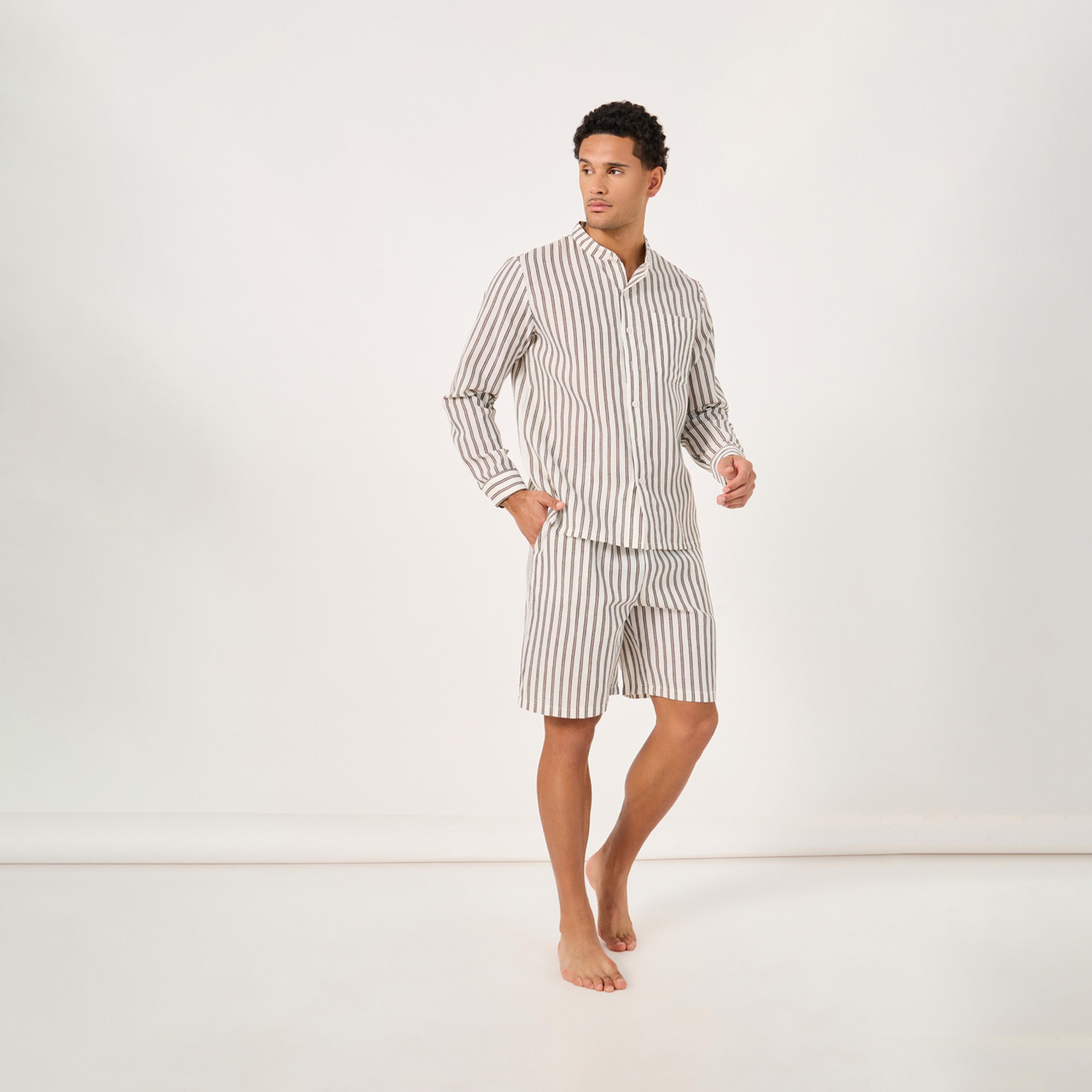 ستايلي - طقم قميص وشورت مخطط بياقة صينية وقصة عادية-men-clothing-nightwear-sets-image-1
