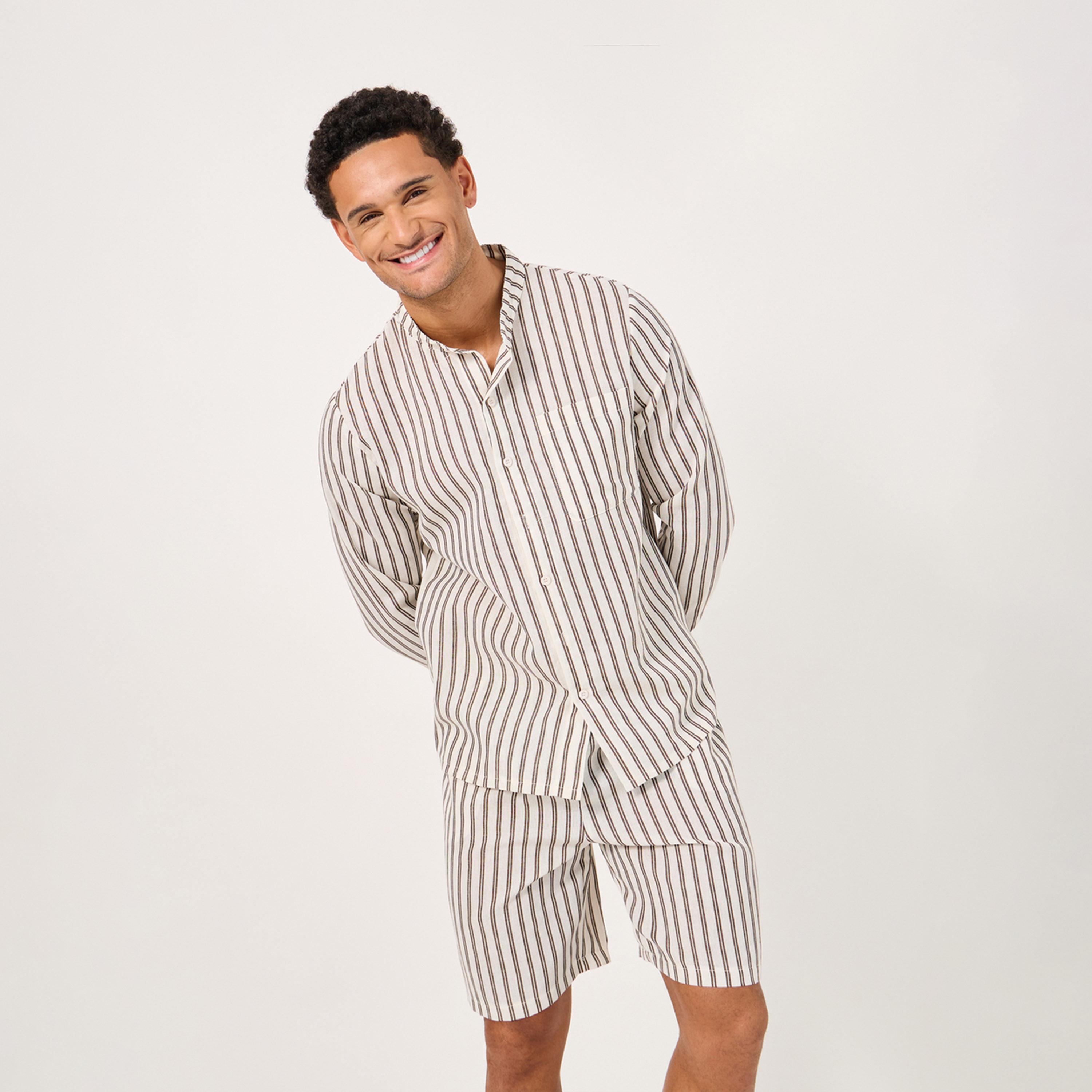 ستايلي - طقم قميص وشورت مخطط بياقة صينية وقصة عادية-men-clothing-nightwear-sets-image-2