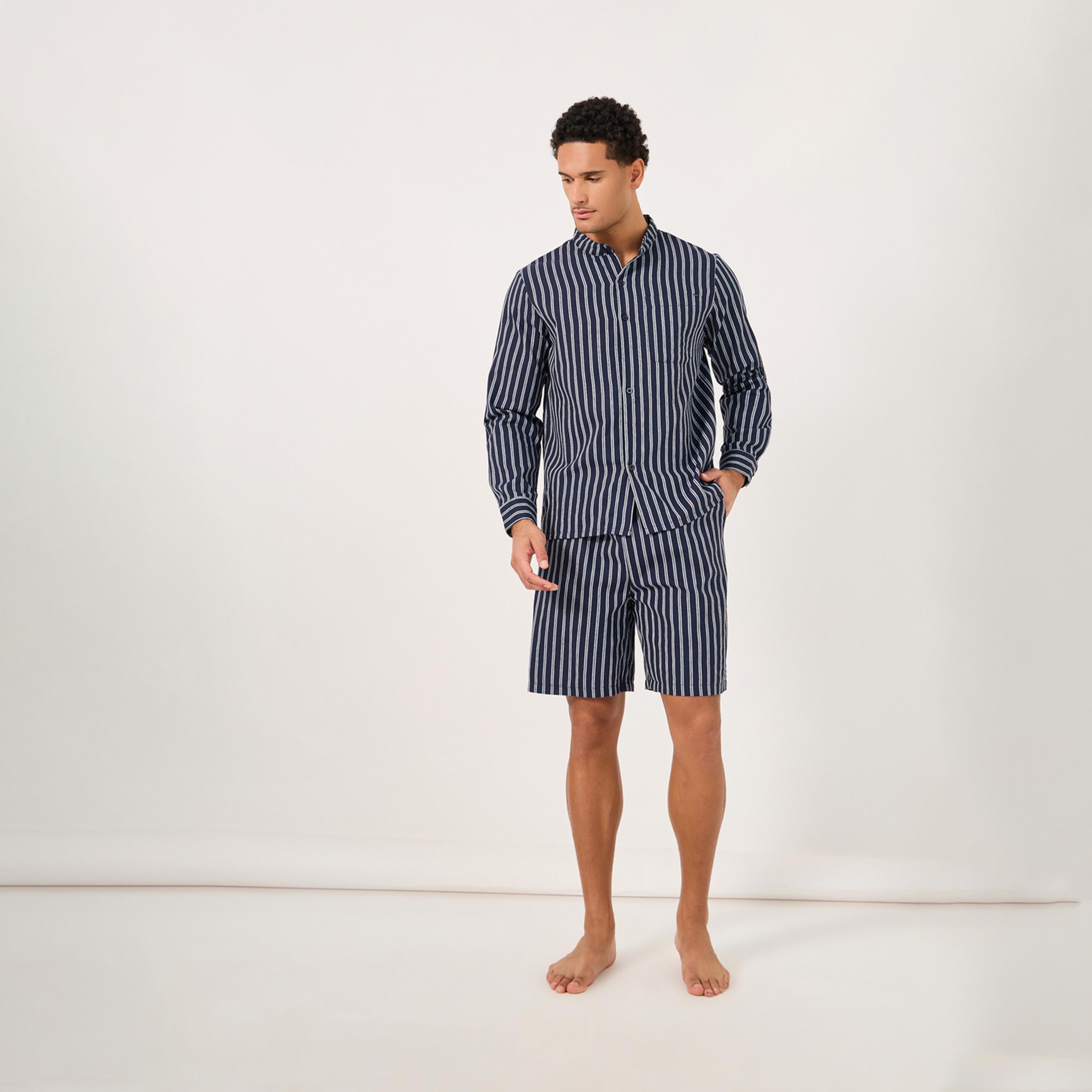 Styli Regular Fit Mandarin Collar Striped Shirt And Shorts Set-men-clothing-nightwear-sets-image-1
