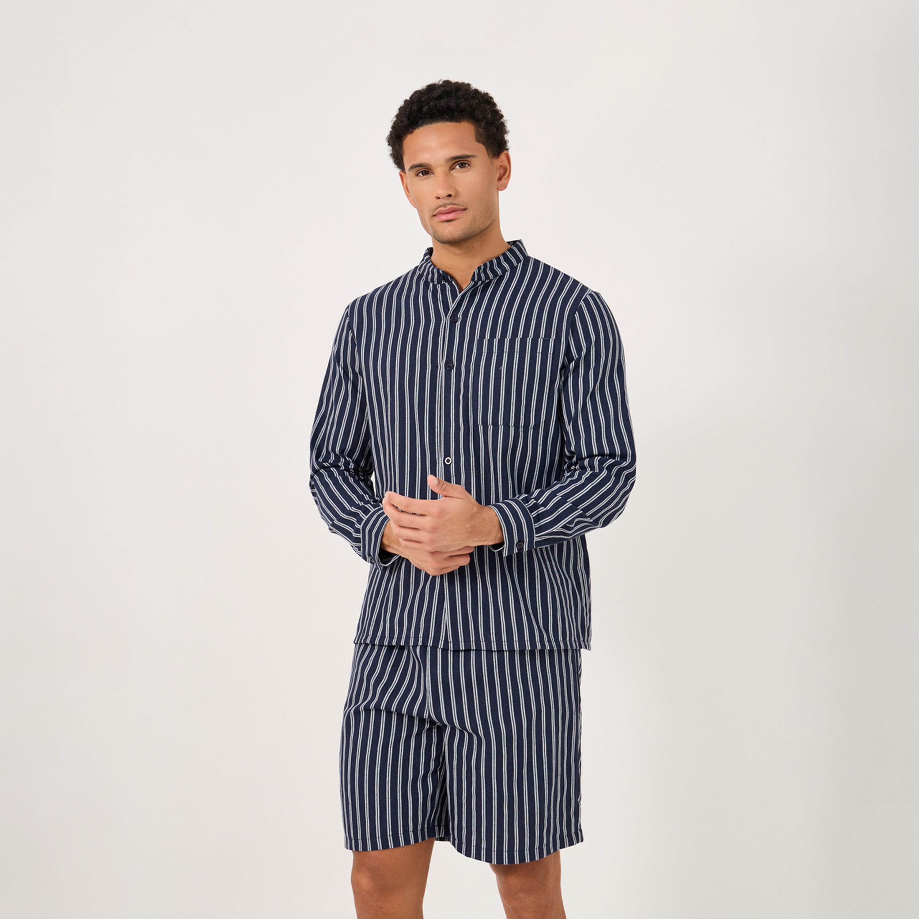Styli Regular Fit Mandarin Collar Striped Shirt And Shorts Set-men-clothing-nightwear-sets-image-2