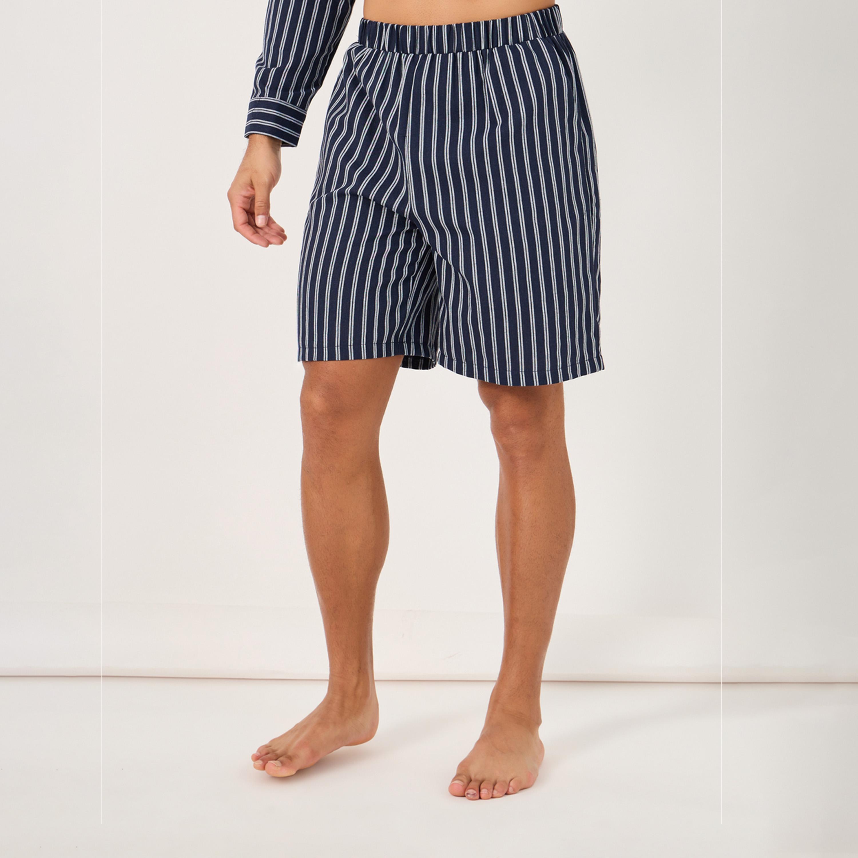Styli Regular Fit Mandarin Collar Striped Shirt And Shorts Set-men-clothing-nightwear-sets-image-4