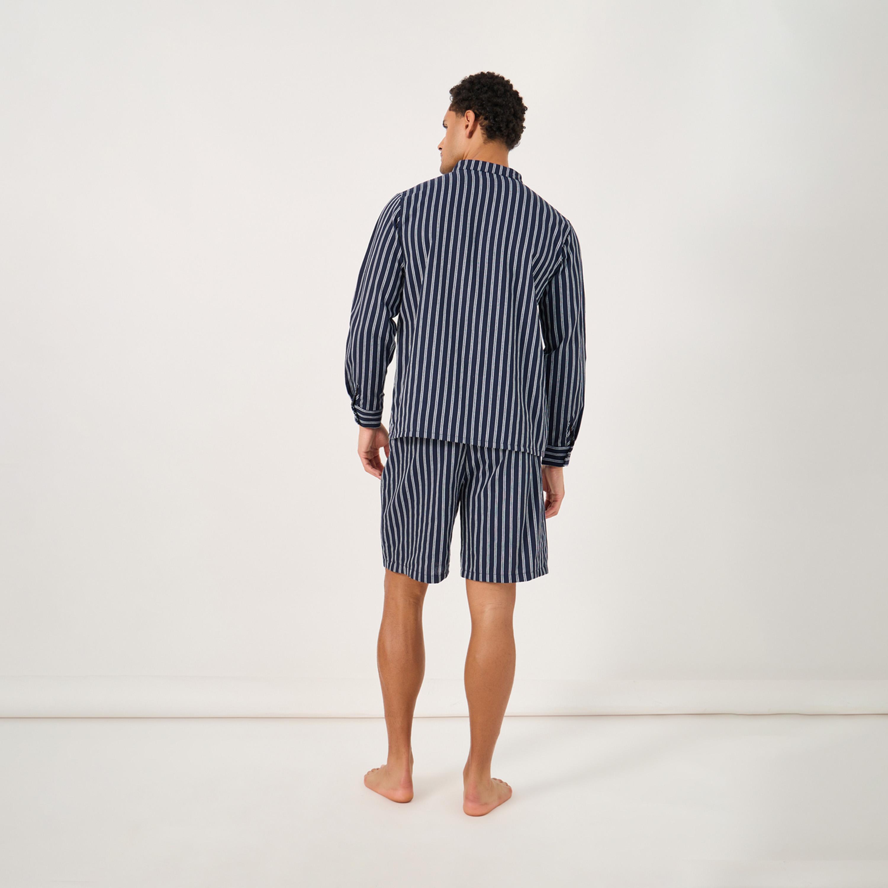 Styli Regular Fit Mandarin Collar Striped Shirt And Shorts Set-men-clothing-nightwear-sets-image-5