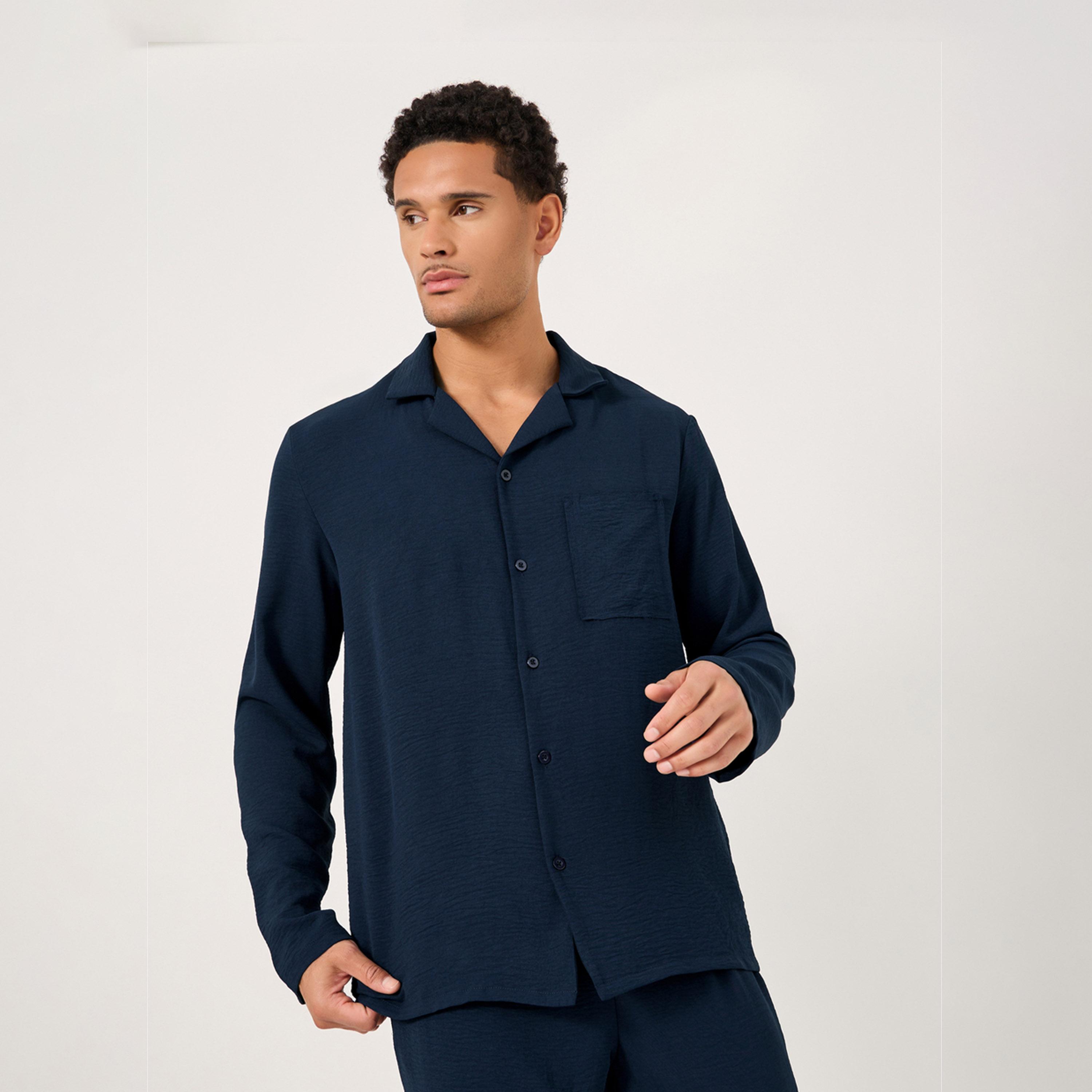 Styli Crinkled Cotton Long Sleeve Shirt And Pyjama Set-men-clothing-nightwear-sets-image-2