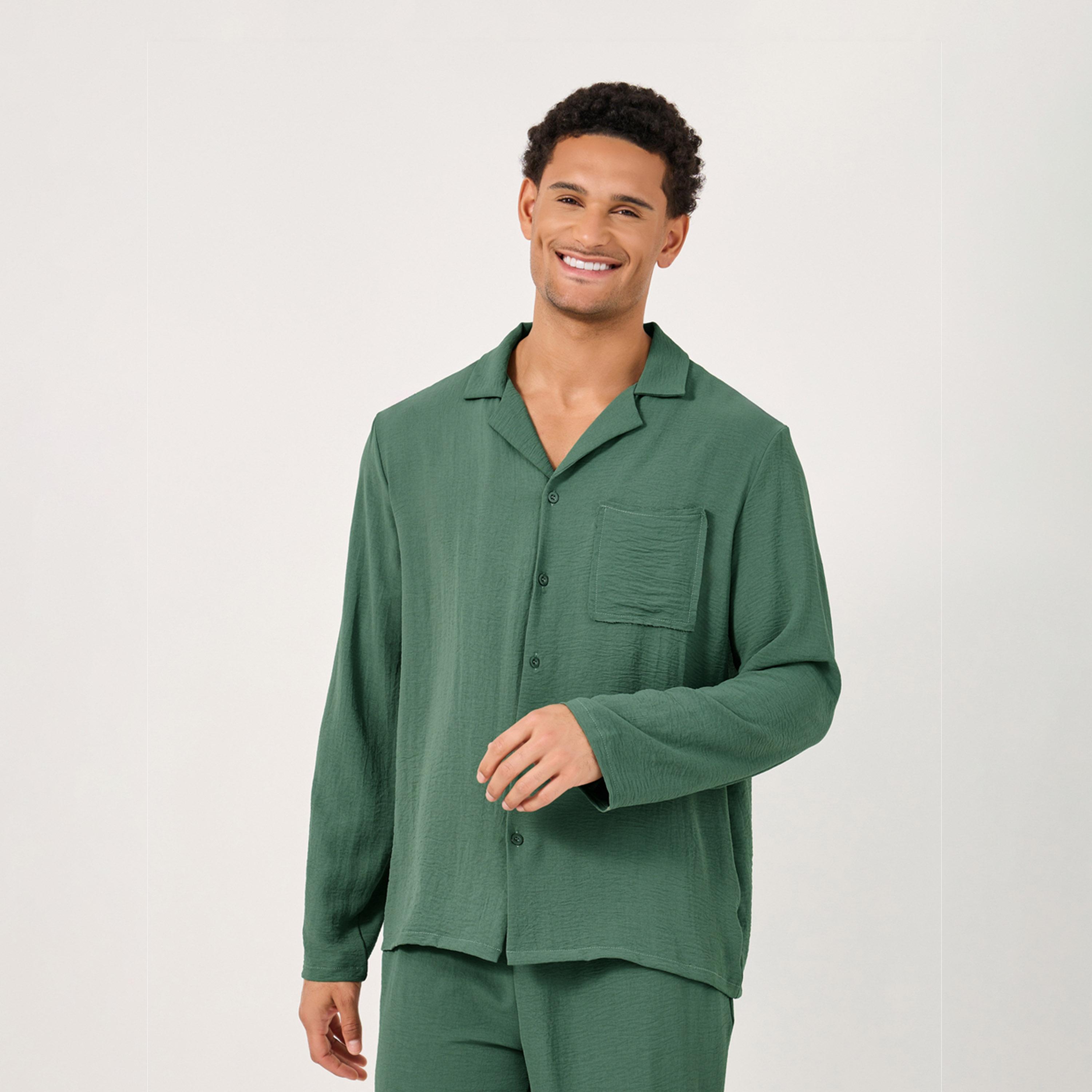 ستايلي - طقم بنطال بيجامة وقميص قطني مجعد بأكمام طويلة-men-clothing-nightwear-sets-image-2