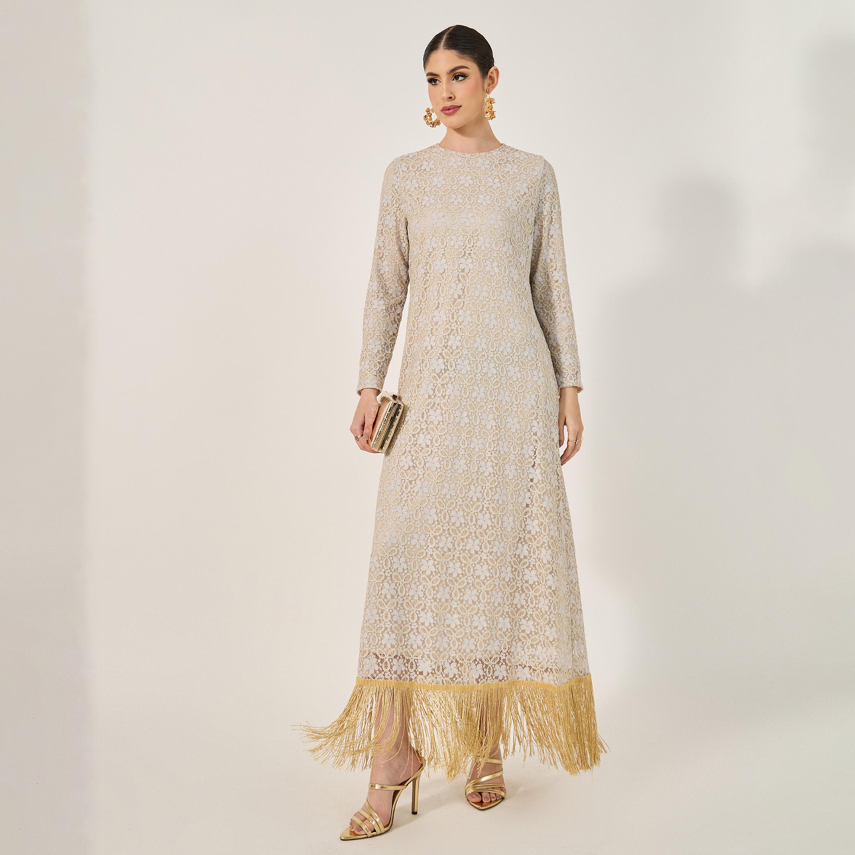 Styli Lace Fabric Jalabiya With Tassel Tirms-women-arabicclothing-jalabiyas-image-1