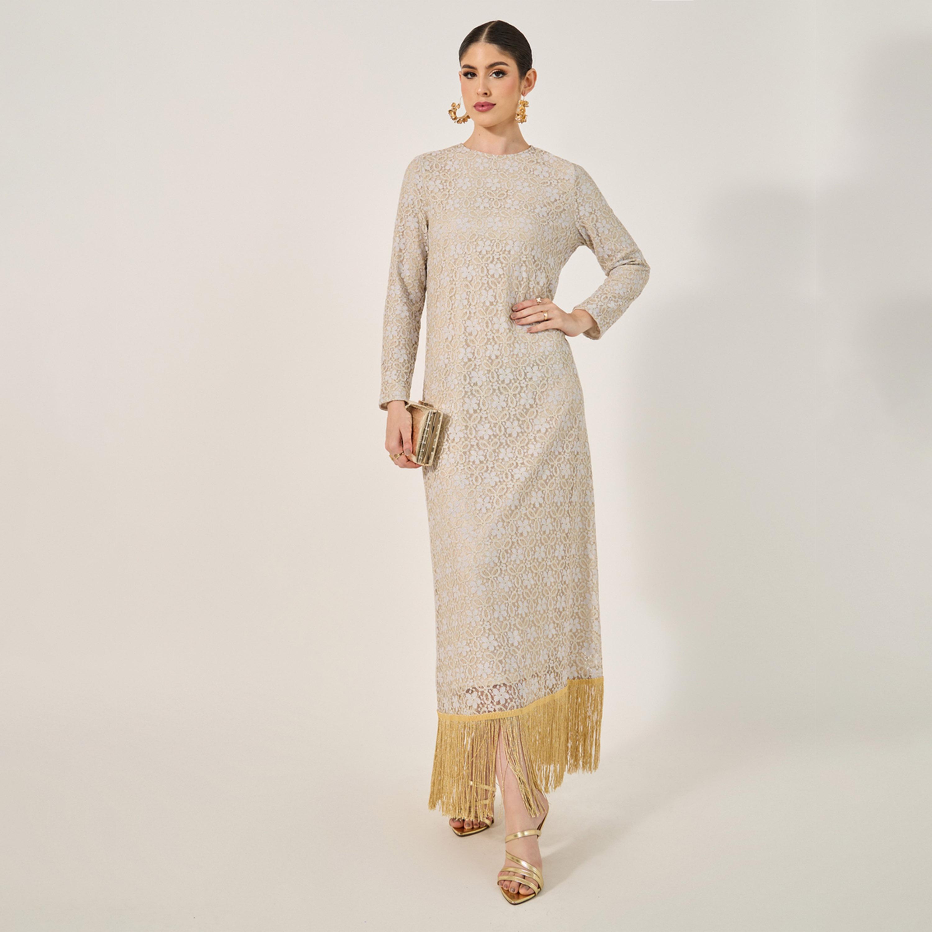 Styli Lace Fabric Jalabiya With Tassel Tirms-women-arabicclothing-jalabiyas-image-2
