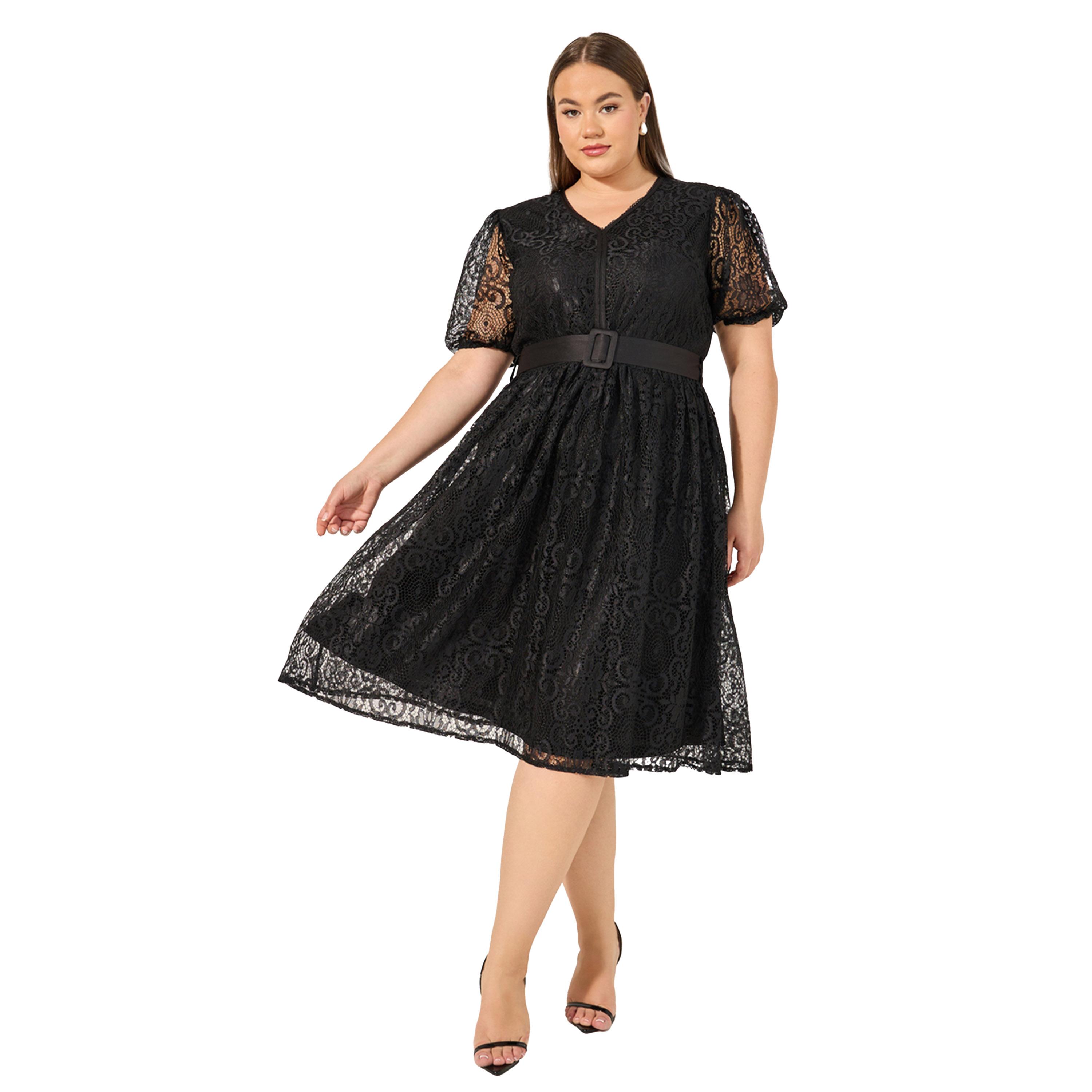 ستايلي - فستان ميدي بأكمام منتفخة وحزام من الدانتيل بمقاس كبير-women-clothing-dresses-image-1
