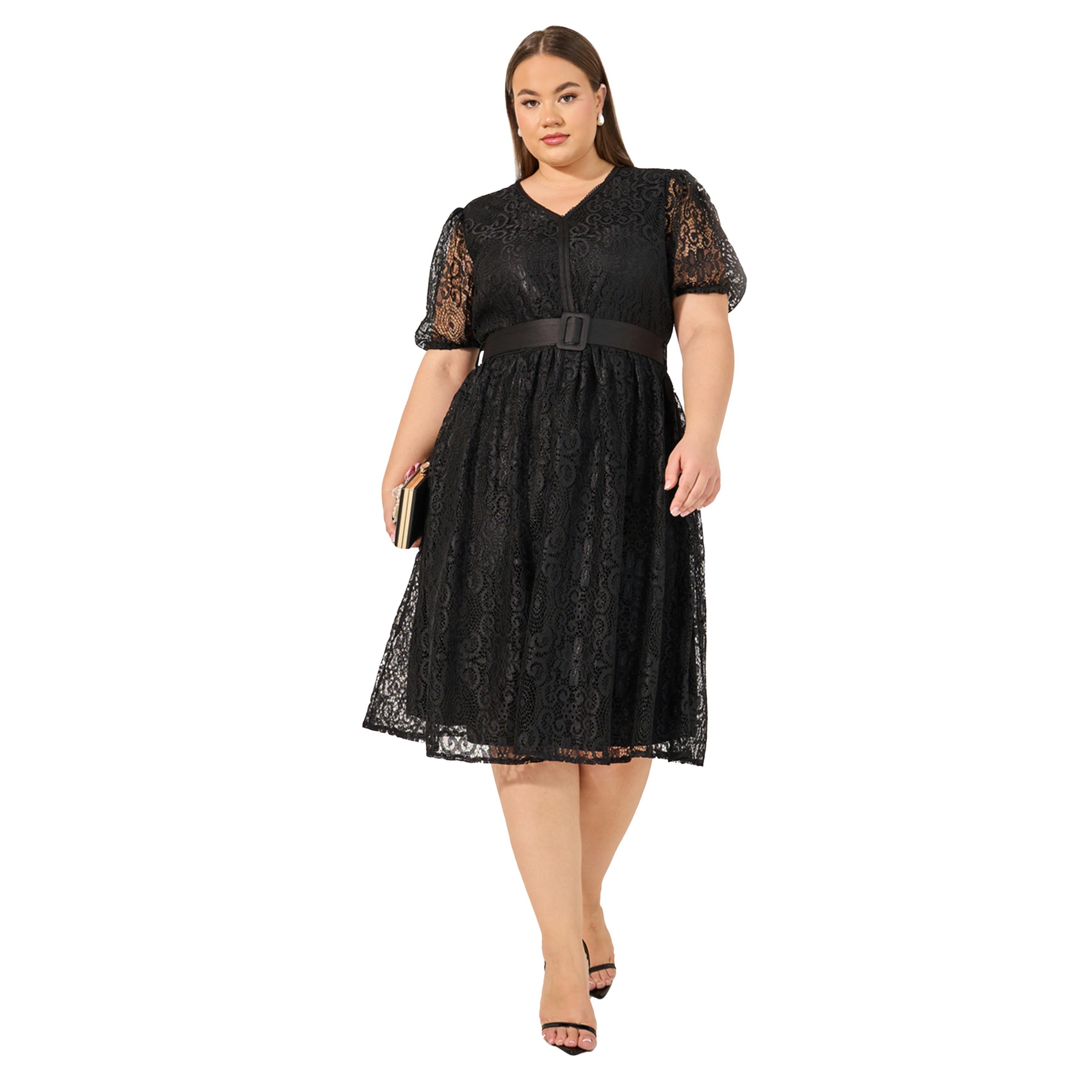ستايلي - فستان ميدي بأكمام منتفخة وحزام من الدانتيل بمقاس كبير-women-clothing-dresses-image-2