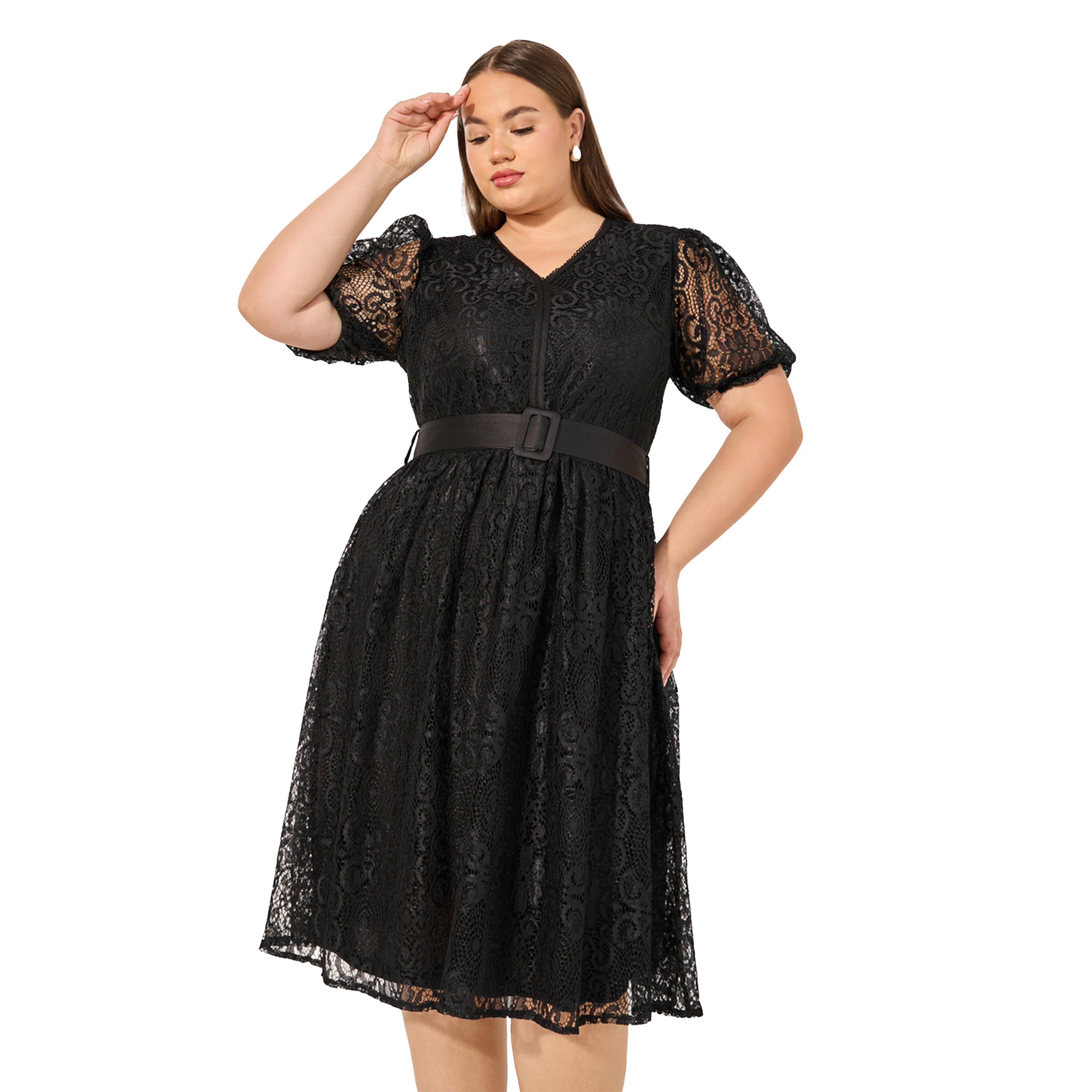 ستايلي - فستان ميدي بأكمام منتفخة وحزام من الدانتيل بمقاس كبير-women-clothing-dresses-image-3