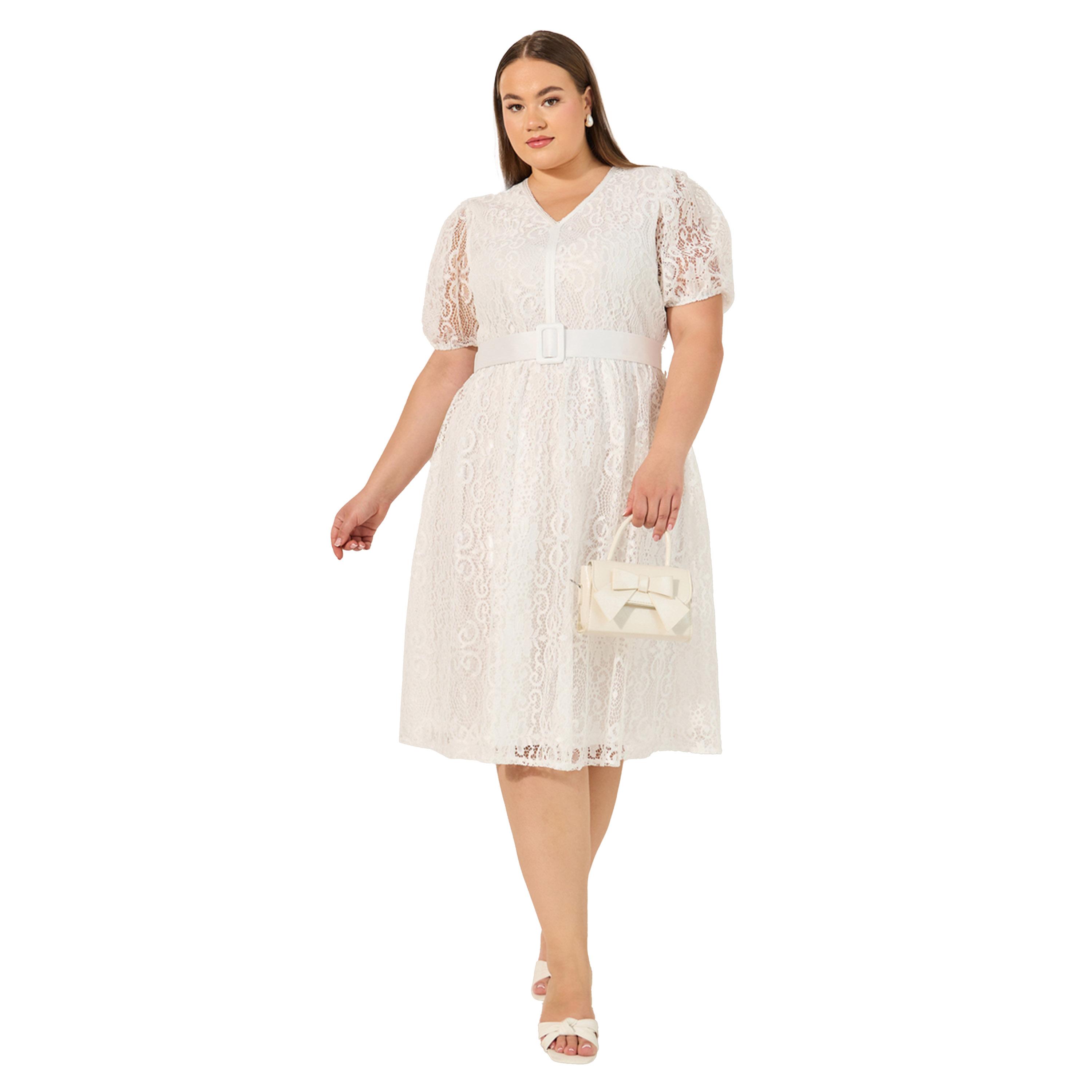 Styli Plus Size Lace Puff Sleeve Belted Midi Dress-women-clothing-dresses-image-1
