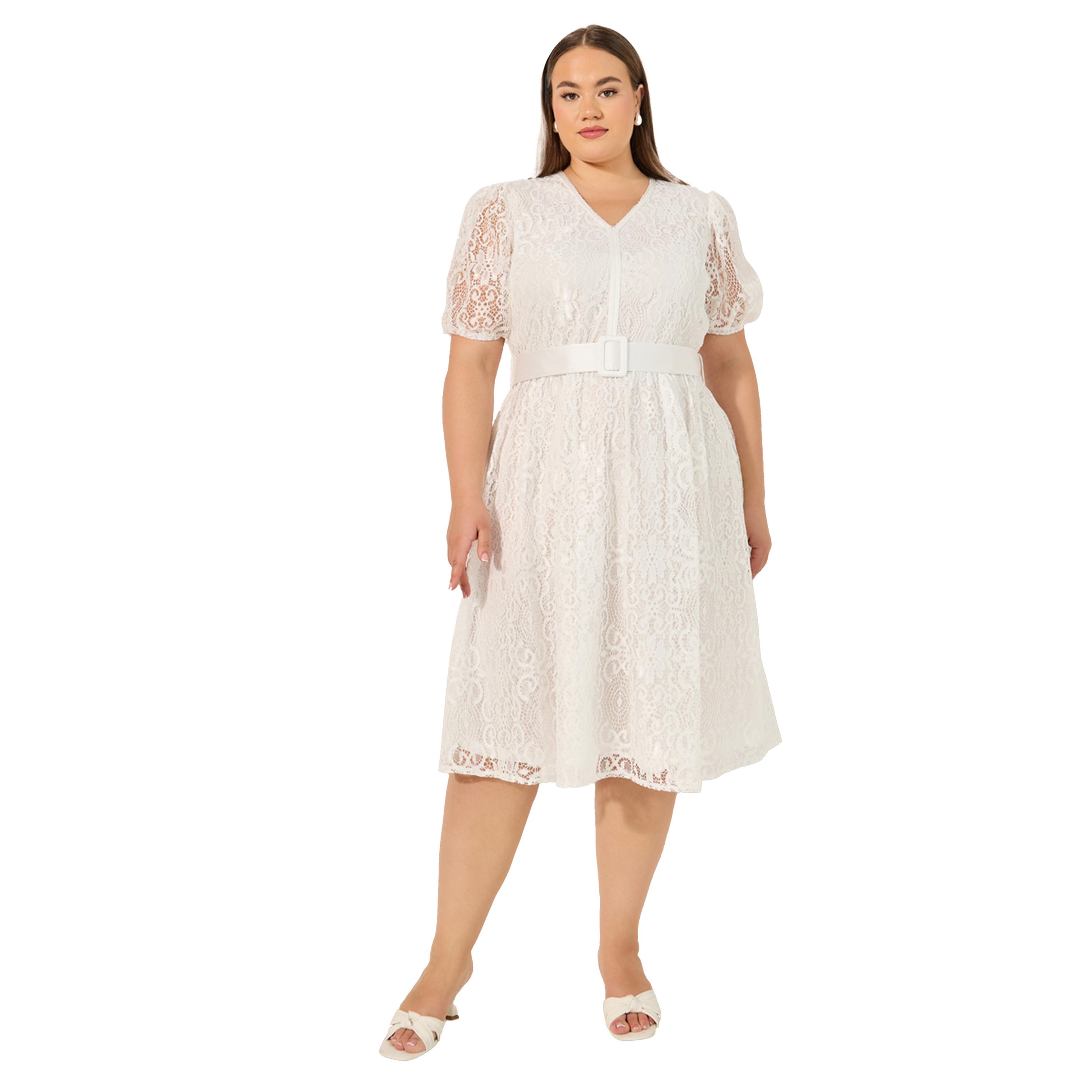 Styli Plus Size Lace Puff Sleeve Belted Midi Dress-women-clothing-dresses-image-2