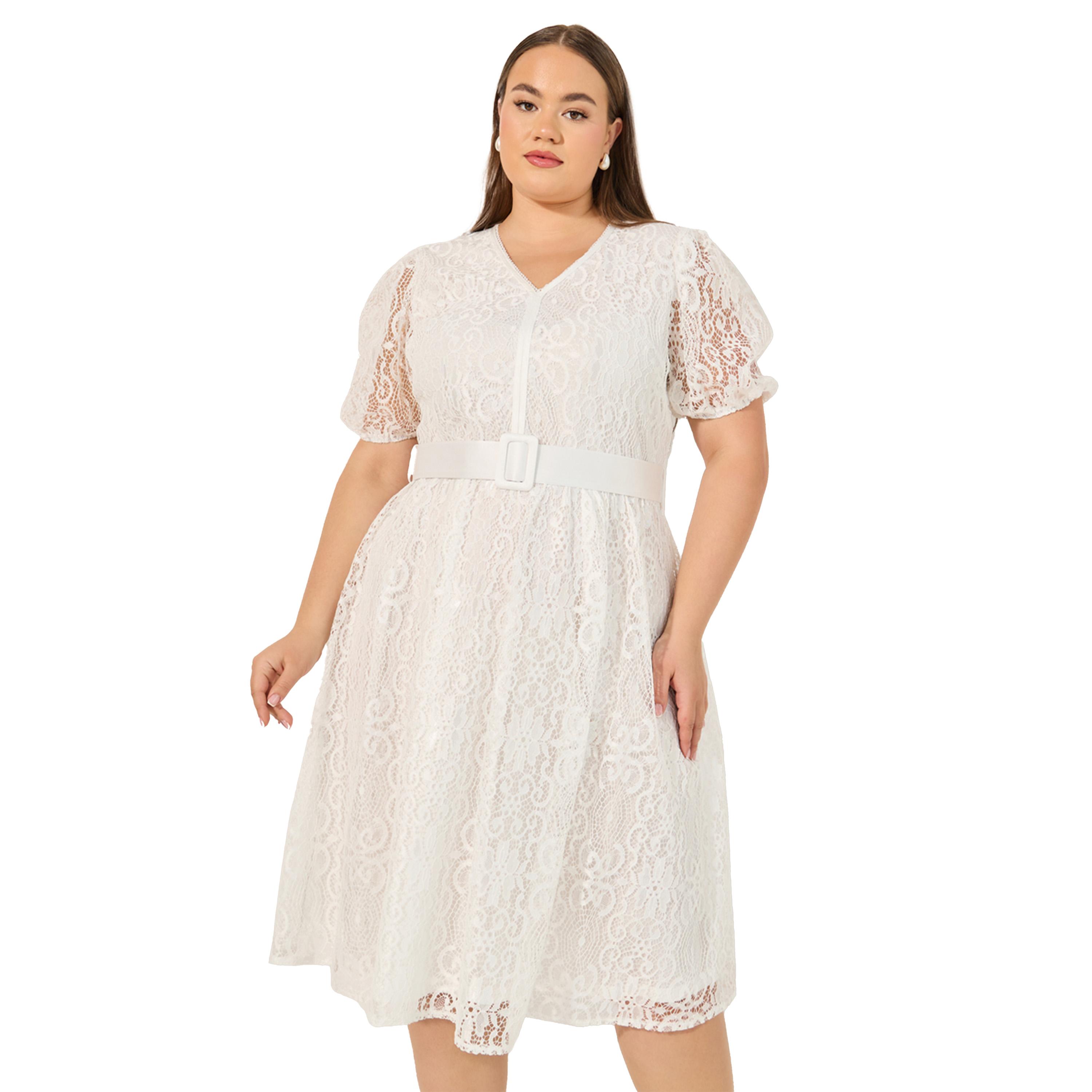 Styli Plus Size Lace Puff Sleeve Belted Midi Dress-women-clothing-dresses-image-3