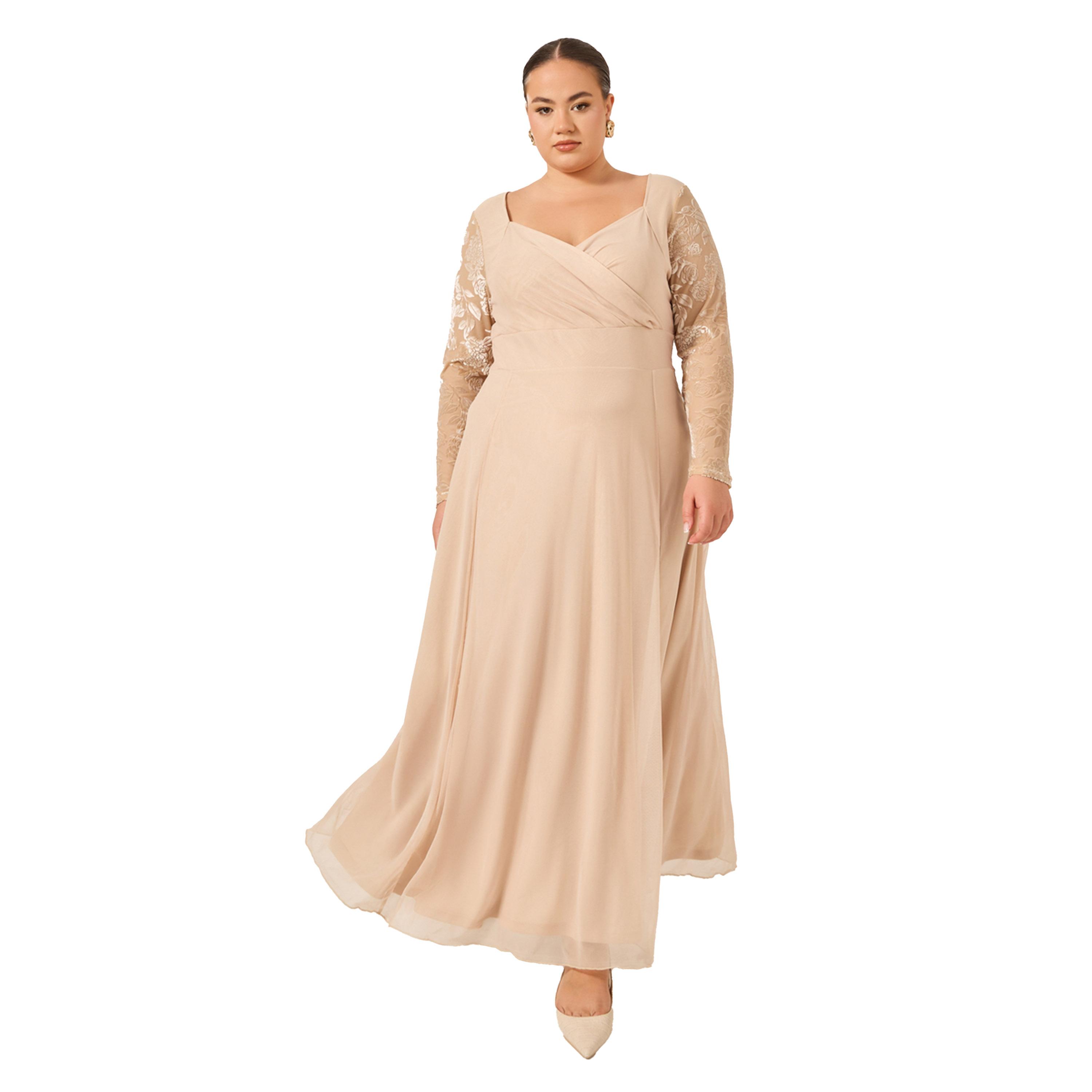 Styli Plus Size Flocked Floral Sleeves Sweetheart Neck A-Line Maxi Dress-women-clothing-dresses-image-1