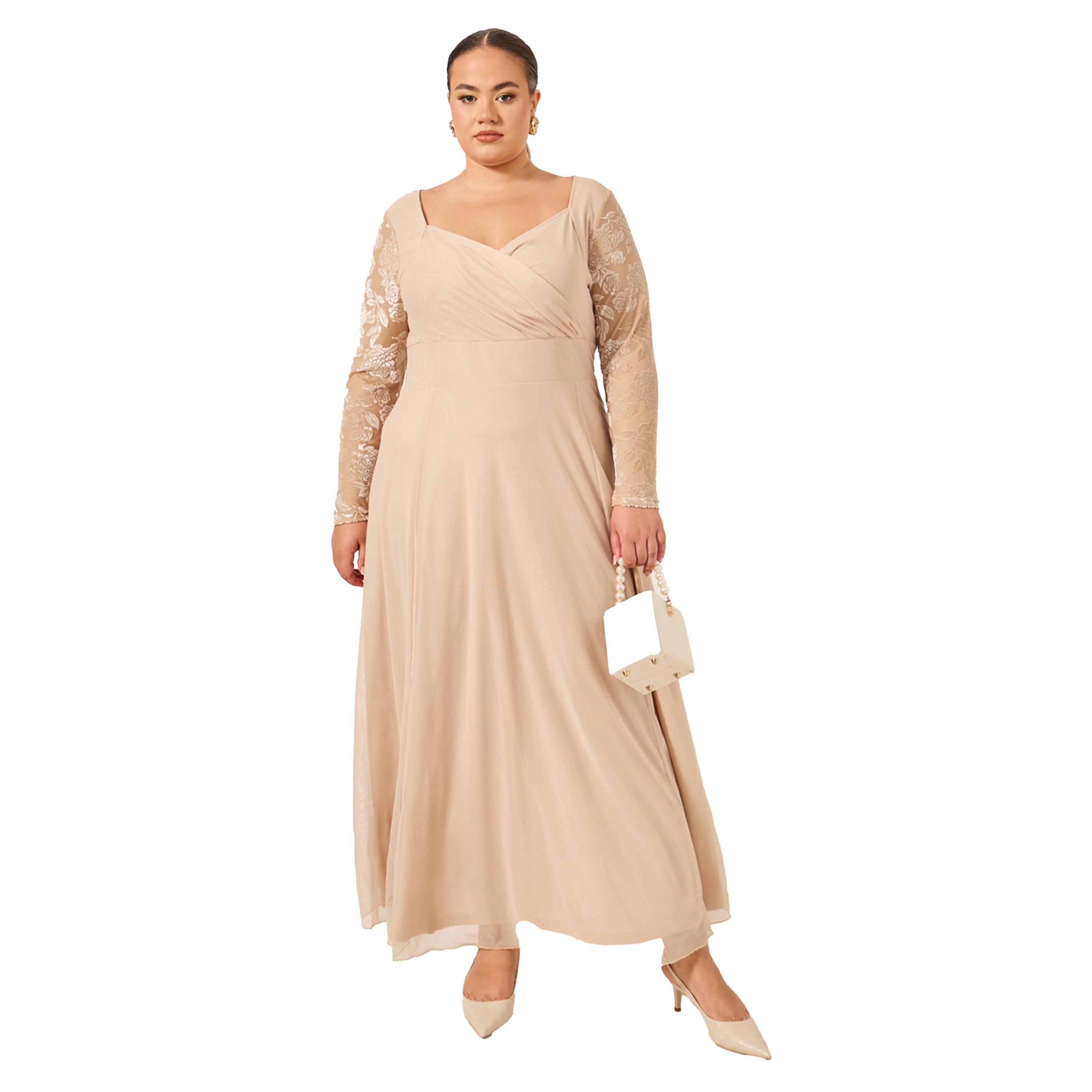 Styli Plus Size Flocked Floral Sleeves Sweetheart Neck A-Line Maxi Dress-women-clothing-dresses-image-5