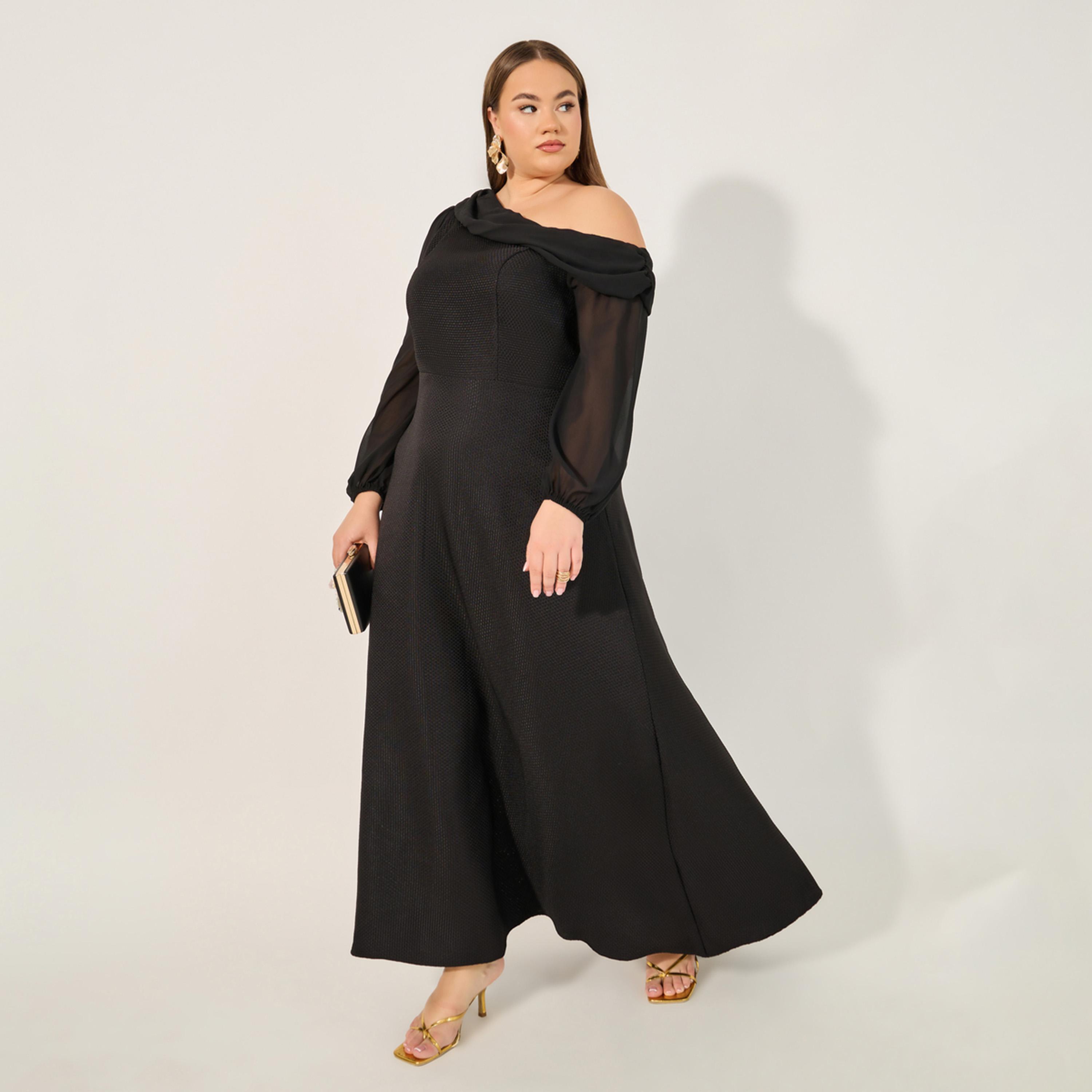 ستايلي - فستان ماكسي بقصة A وأكمام منفوخة وفتحة رقبة غير متماثلة مقاس كبير-women-clothing-dresses-image-1