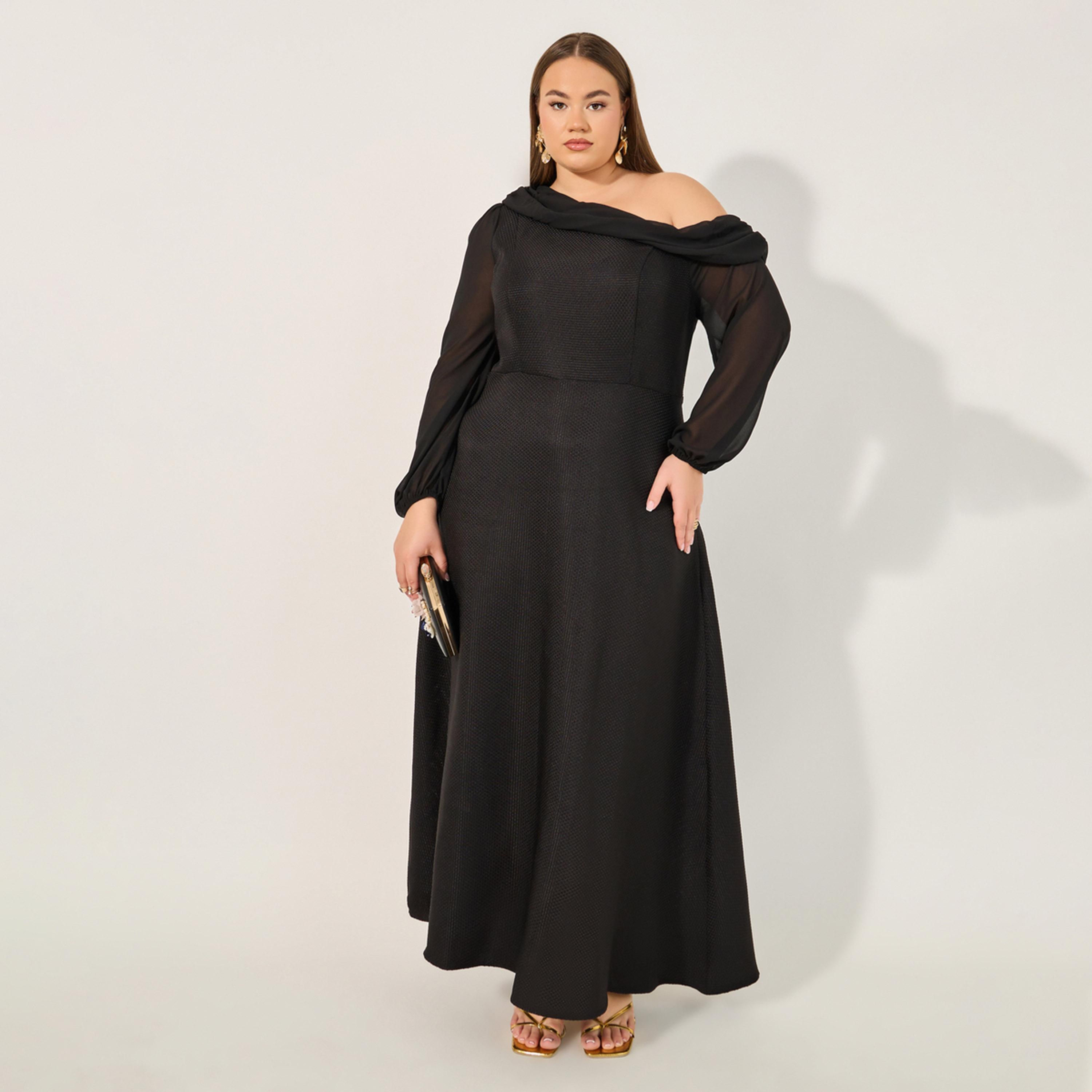 ستايلي - فستان ماكسي بقصة A وأكمام منفوخة وفتحة رقبة غير متماثلة مقاس كبير-women-clothing-dresses-image-2