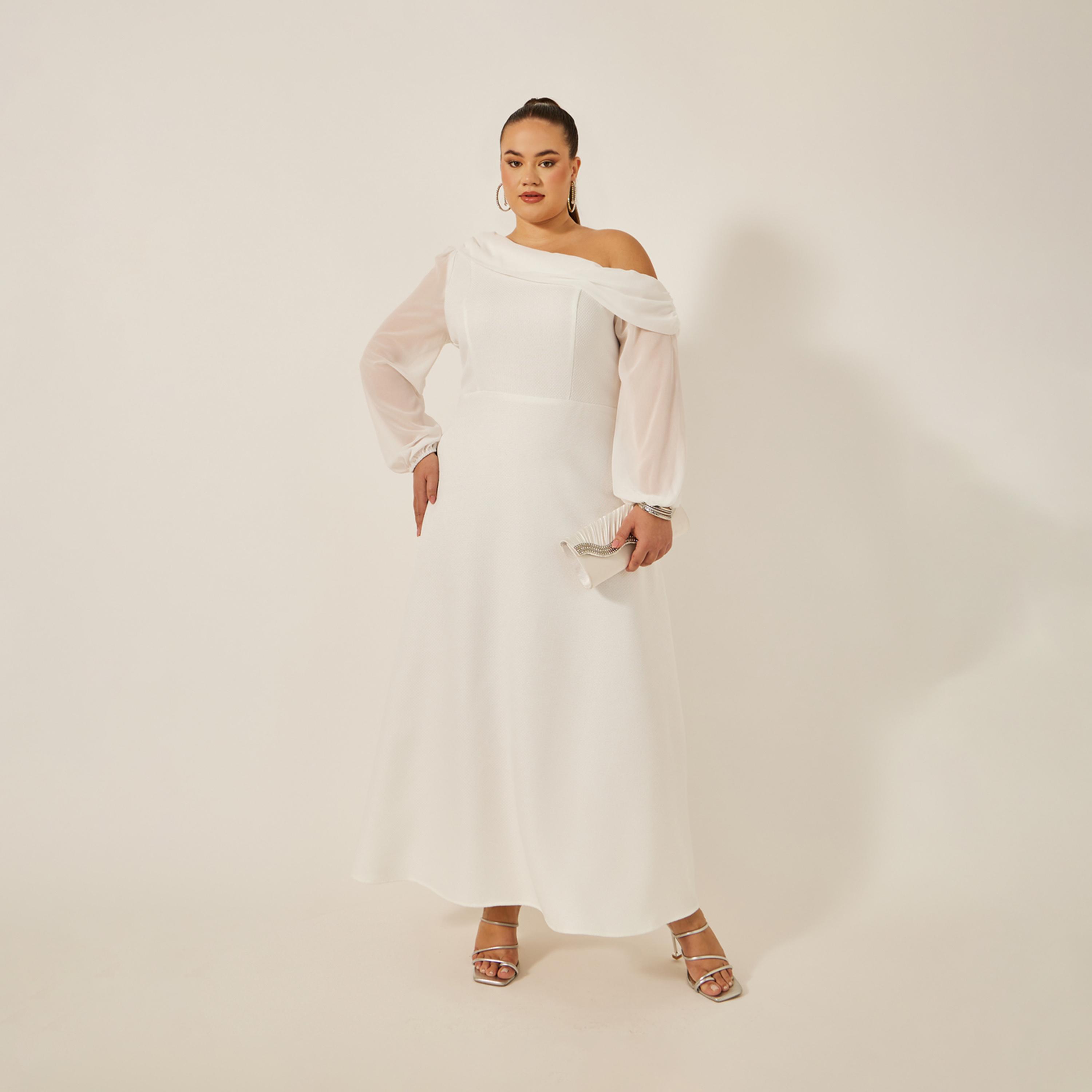 ستايلي - فستان ماكسي بقصة A وأكمام منفوخة وفتحة رقبة غير متماثلة بمقاسات كبيرة-women-clothing-dresses-image-1