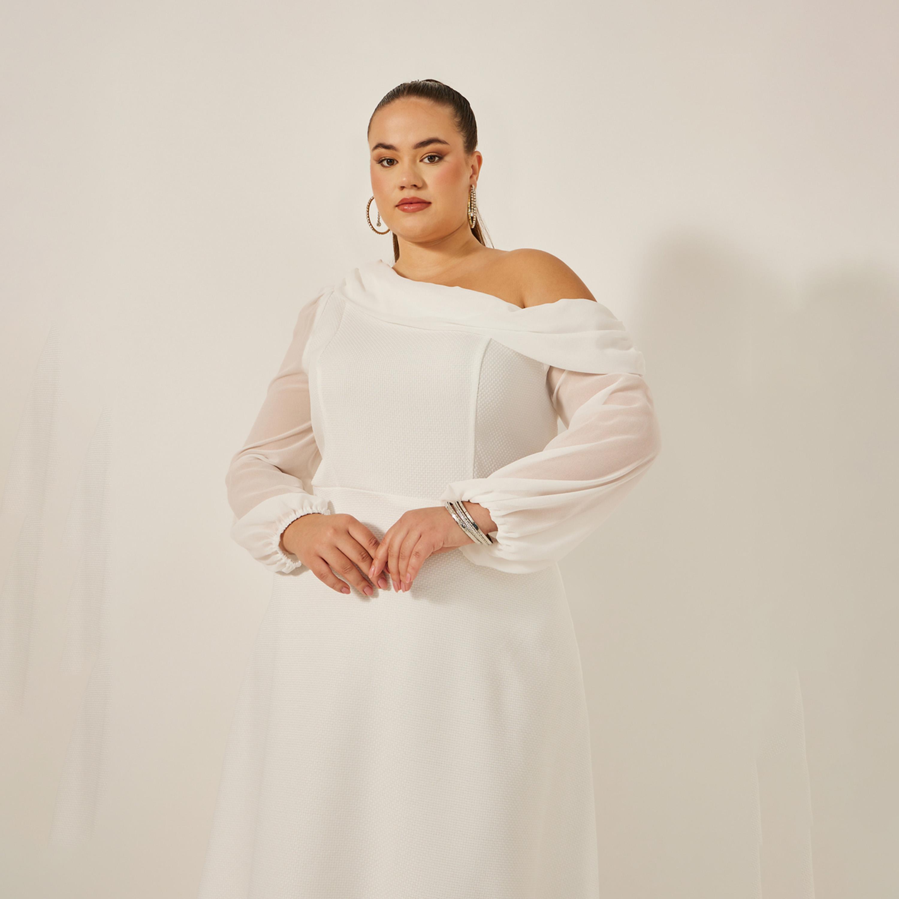 ستايلي - فستان ماكسي بقصة A وأكمام منفوخة وفتحة رقبة غير متماثلة بمقاسات كبيرة-women-clothing-dresses-image-4