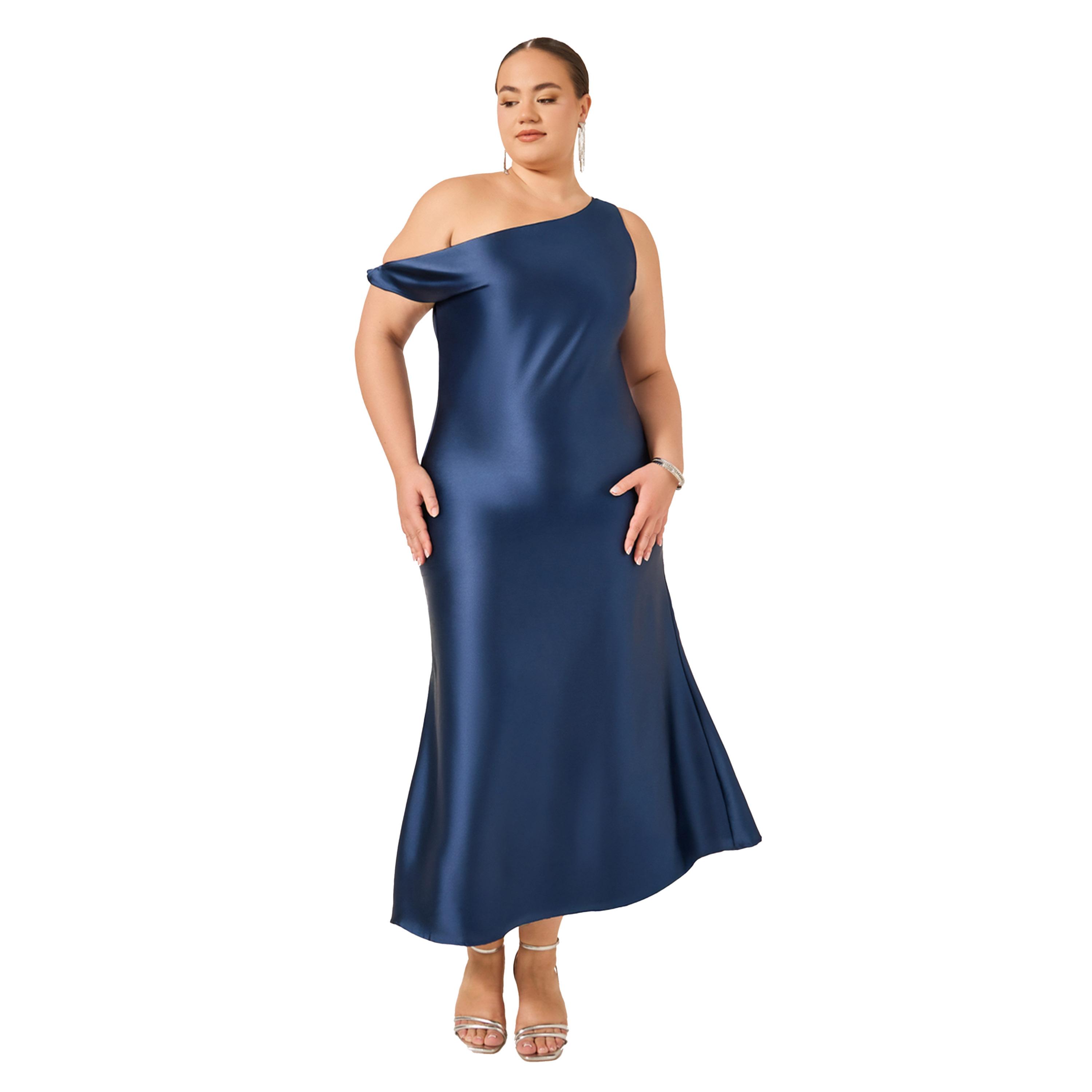 ستايلي - فستان ماكسي من الساتان برقبة غير متماثلة ومقاس كبير-women-clothing-dresses-image-1