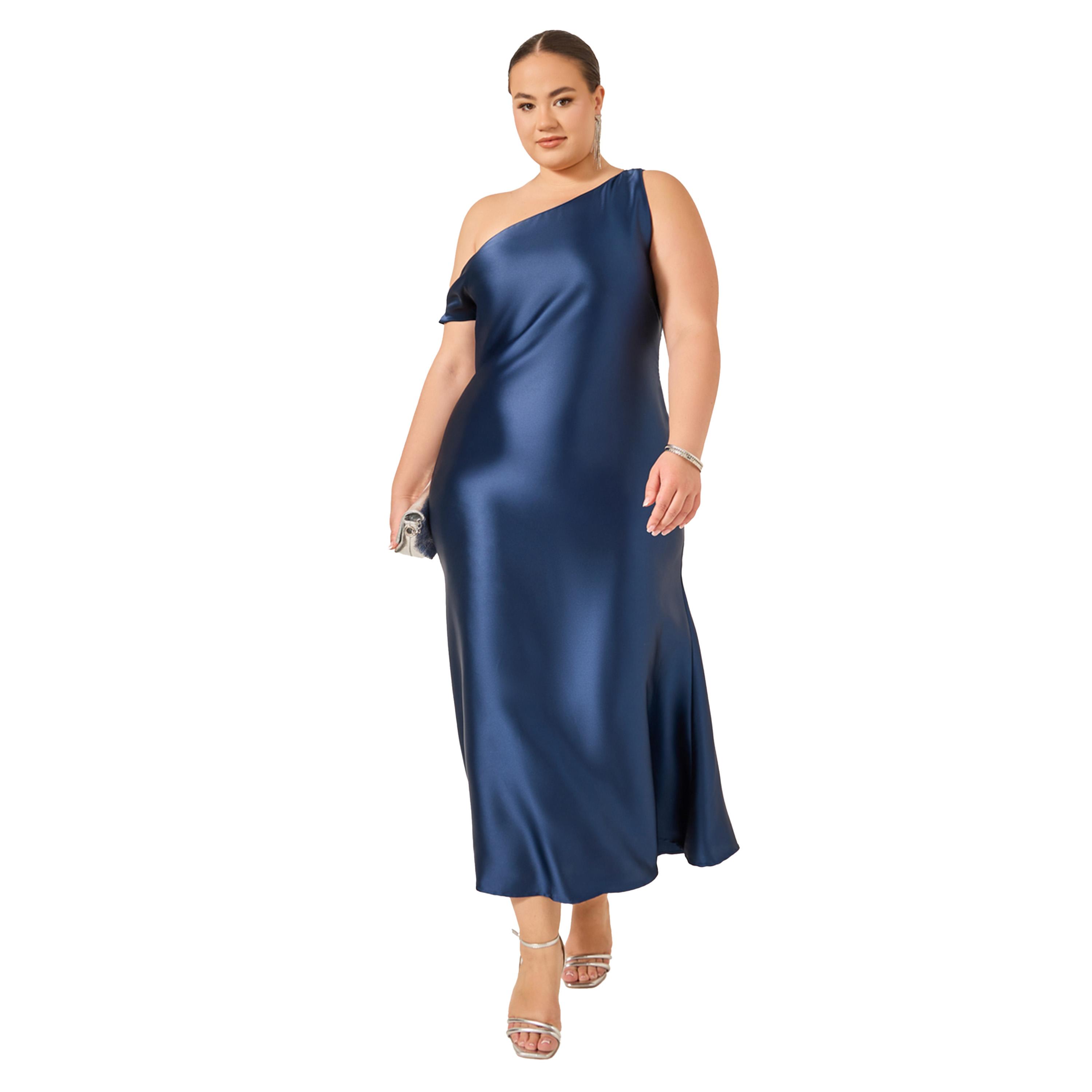 ستايلي - فستان ماكسي من الساتان برقبة غير متماثلة ومقاس كبير-women-clothing-dresses-image-2
